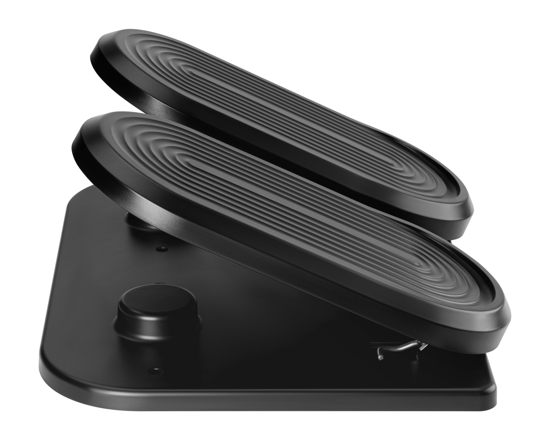 Black elliptical stepper with two foot pedals and a base. Pedals have textured surfaces. The base has a knob and a small metal hook.