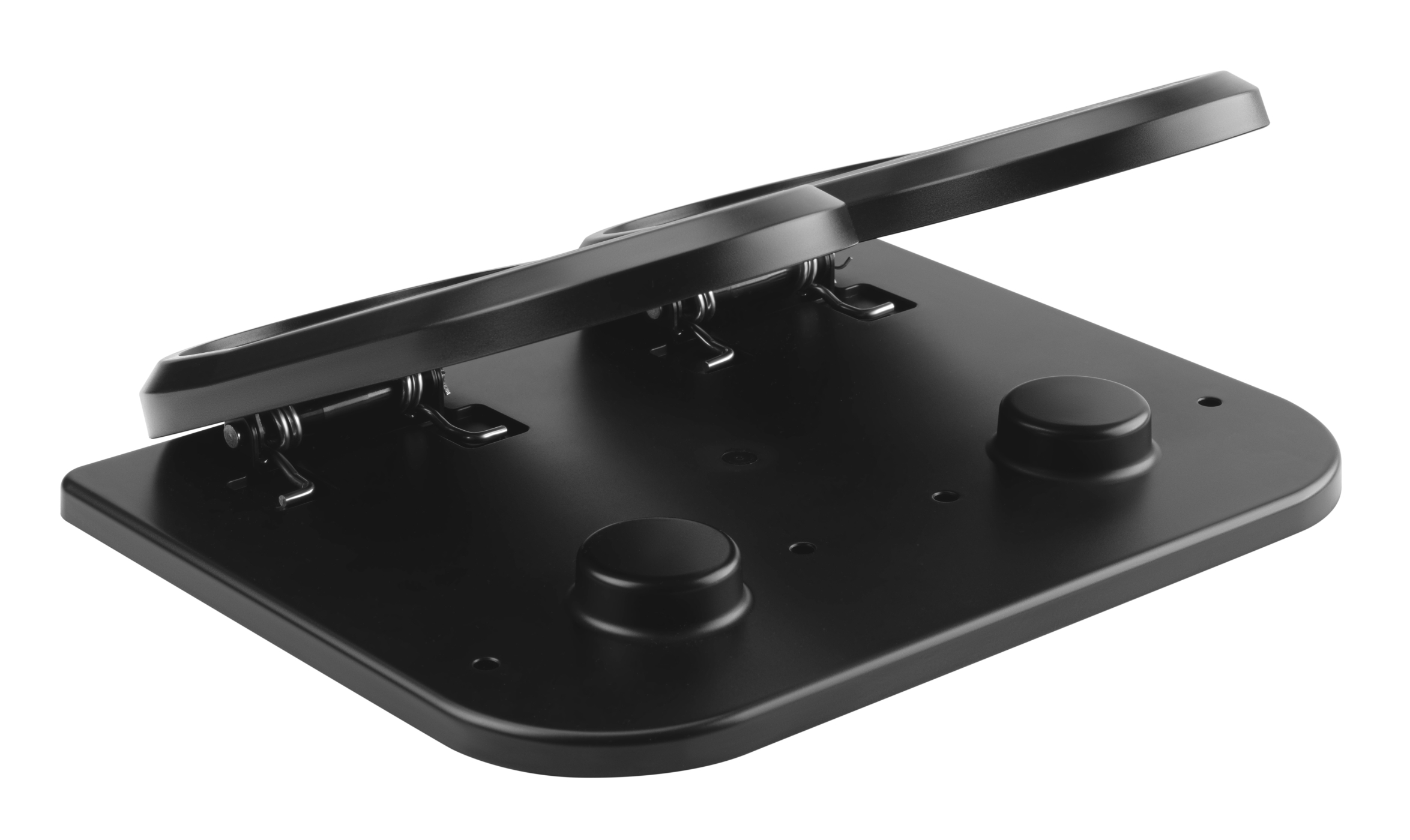 A black hole punch on a white background. The handle is up. It has two round knobs and three hole punches.