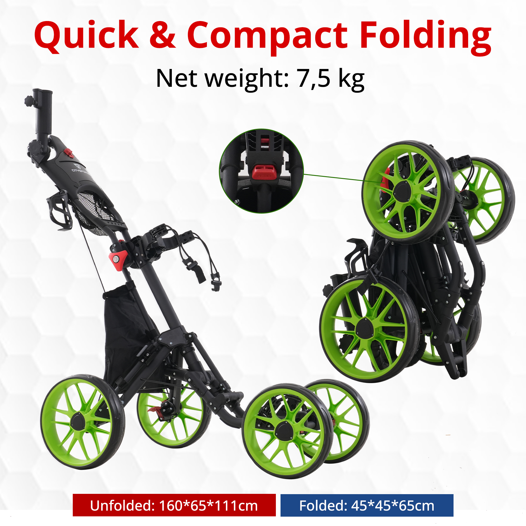 Ein schwarzer und grüner Golfwagen, ausgeklappt und zusammengeklappt, mit Abmessungen und Gewichtsangaben. Der Titel lautet 'Quick & Compact Folding'.