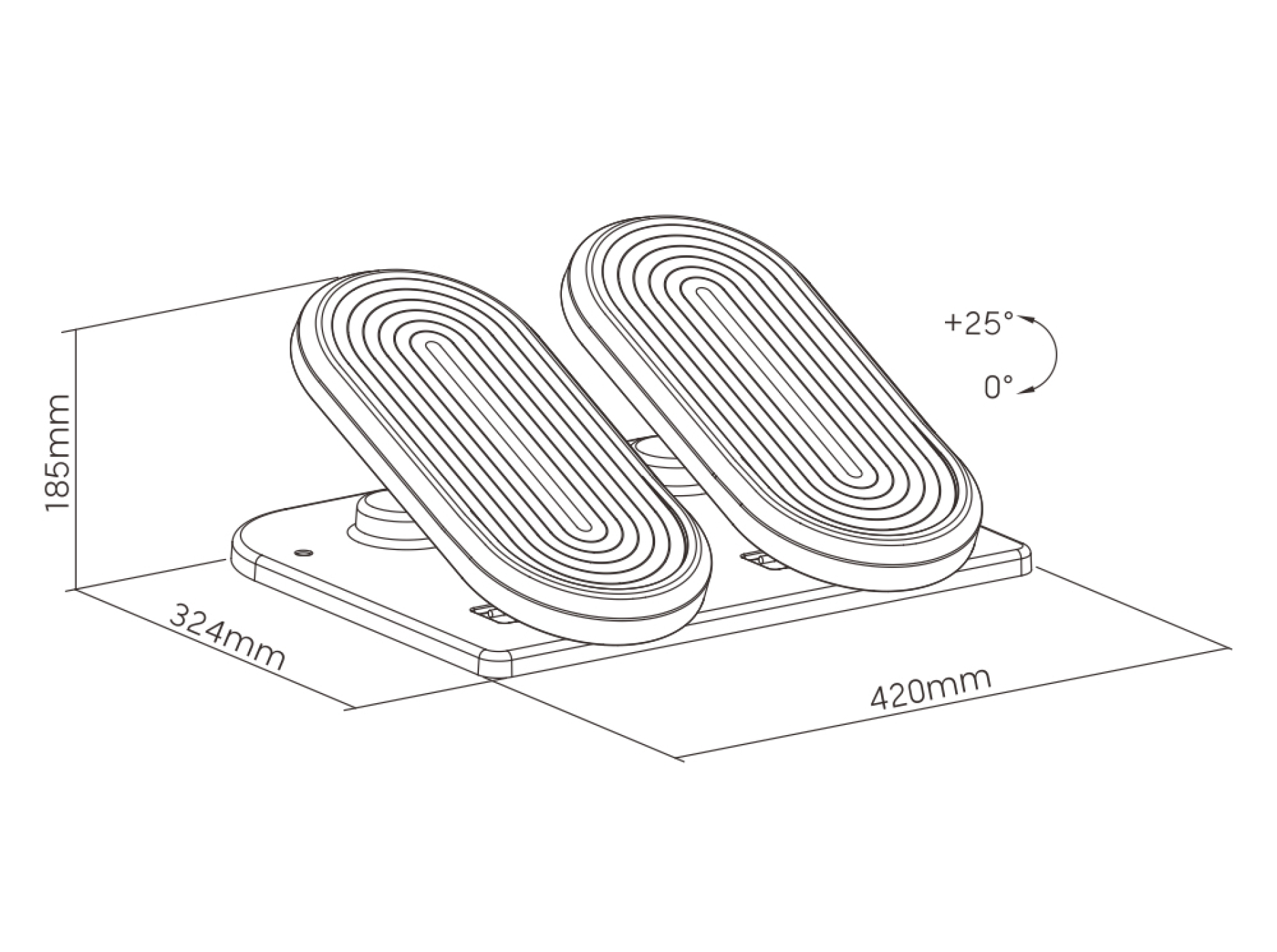Isometric view of foot pedals. Two oval-shaped pedals sit on a rectangular base. Dimensions are indicated.