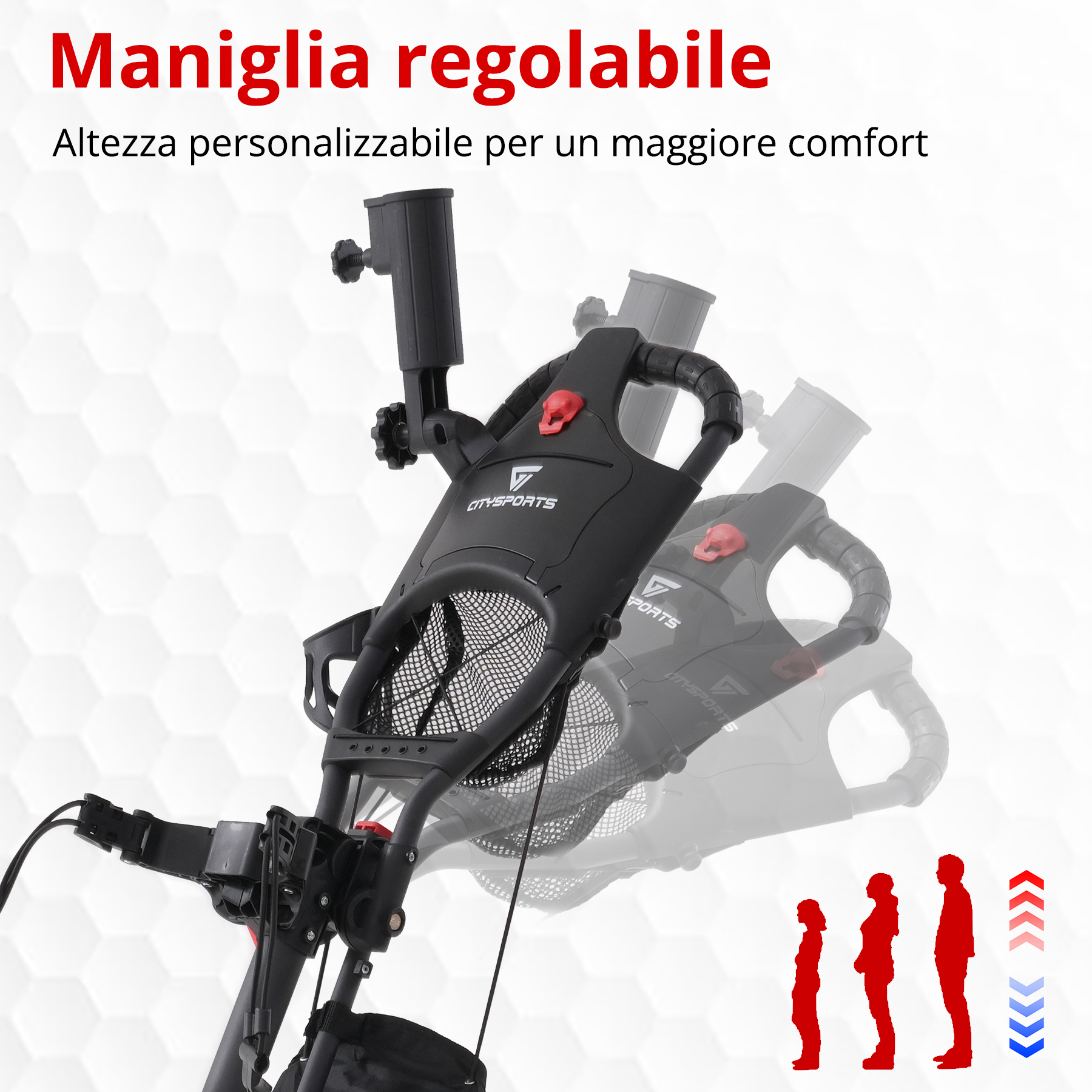 Carrello da golf nero con maniglia regolabile. Accenti rossi. Testo in italiano. Sagome indicano opzioni di regolazione dell'altezza.