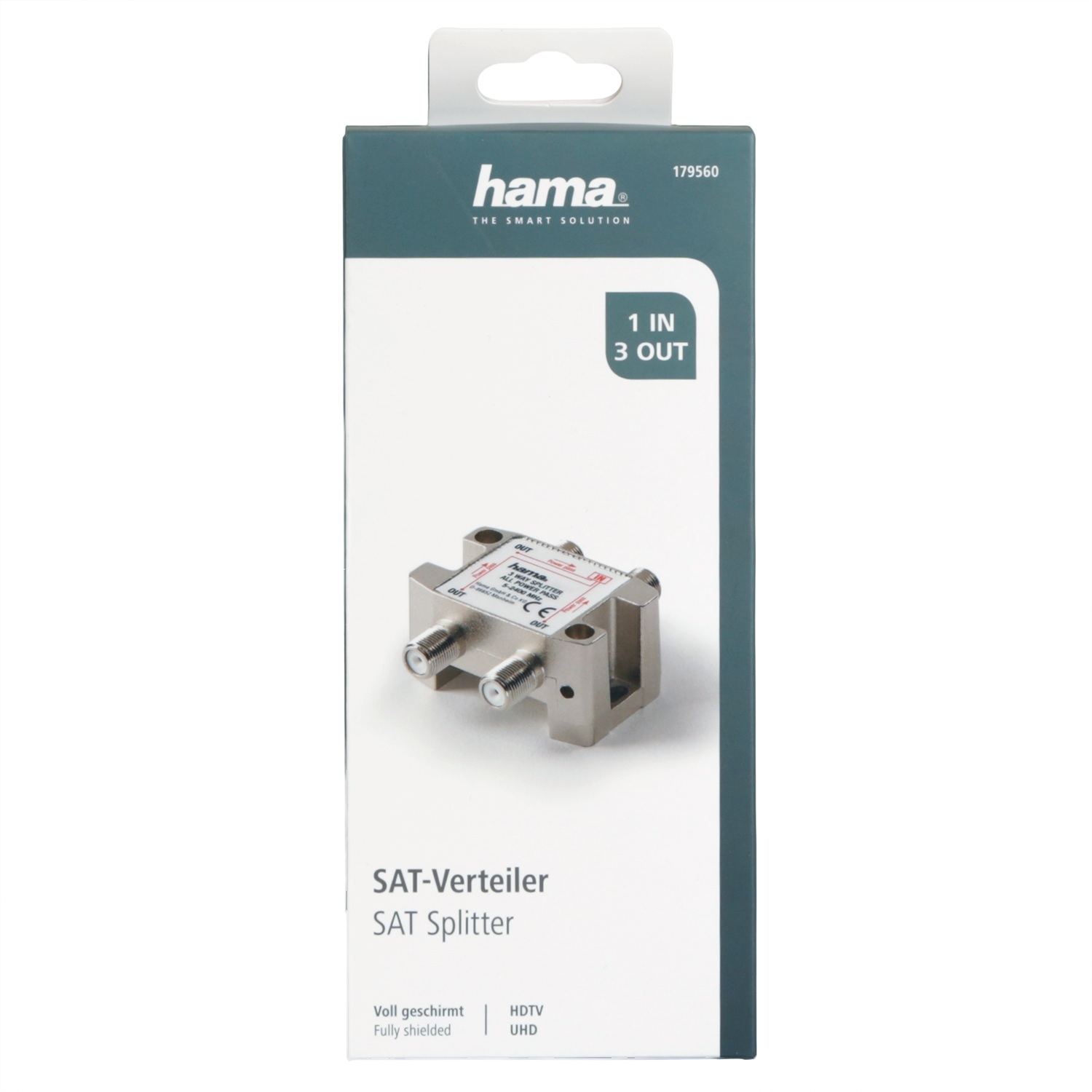 Ein Hama SAT-Splitter in einer Box mit der Aufschrift '1 IN 3 OUT'. Der Splitter ist silberfarben, die Box weiß und blaugrün, mit Text auf Deutsch und Englisch.