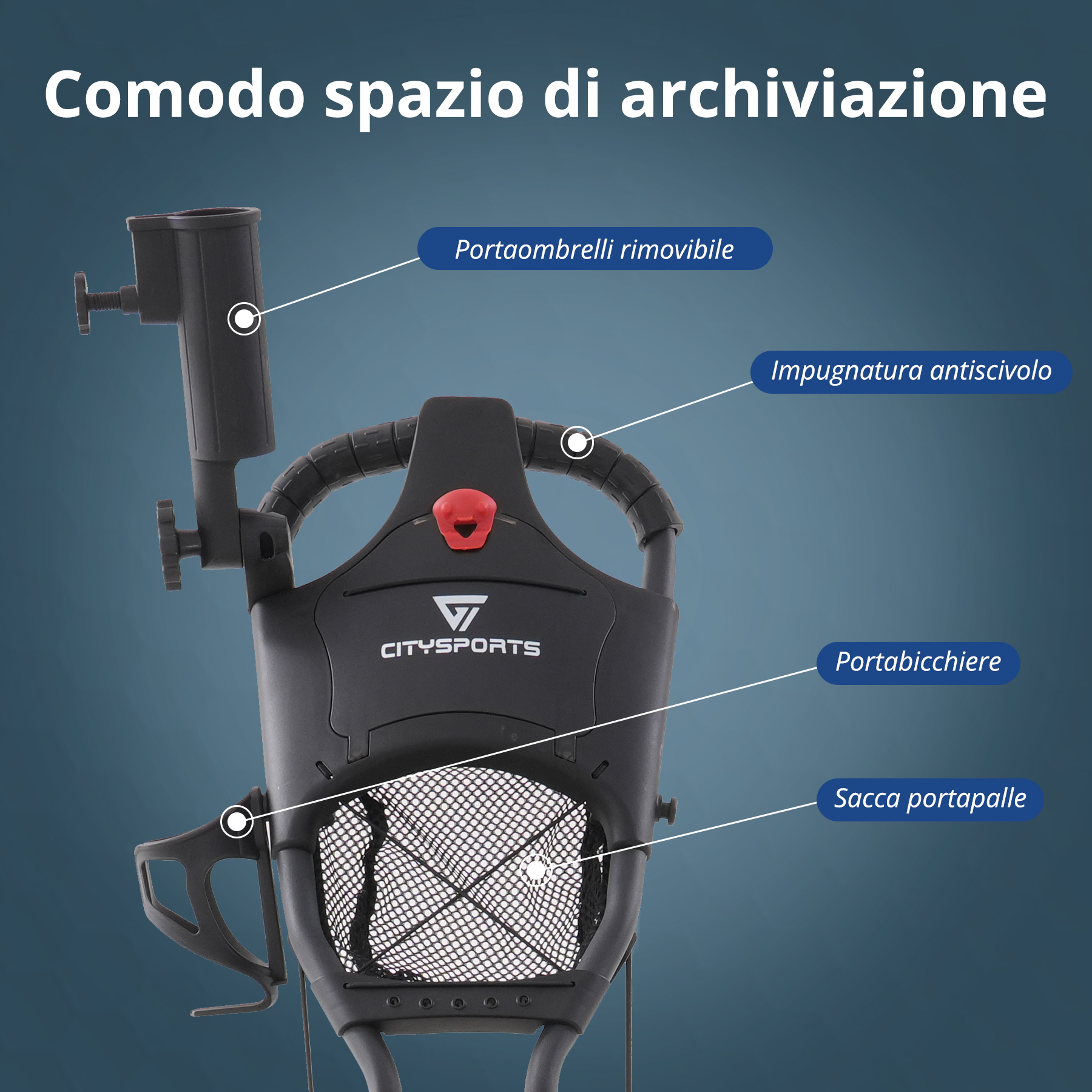 Carrello da golf nero con parti etichettate: portombrelli, maniglia, portabicchieri e sacca porta palline. Il marchio è Citysports.