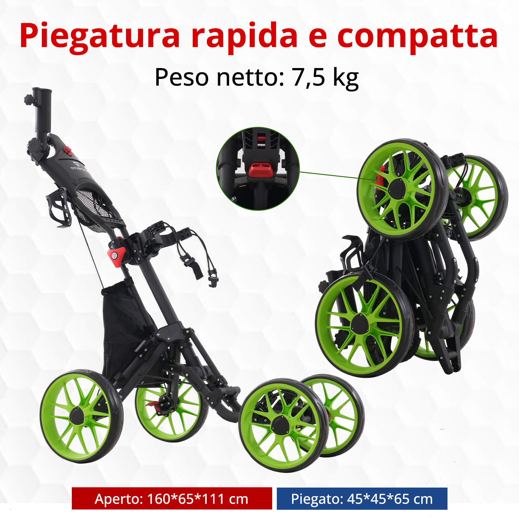 Carrello da golf, telaio nero, ruote verdi, viste piegate e spiegate. Testo: 'Piegatura rapida e compatta', 'Peso netto: 7,5 kg'.