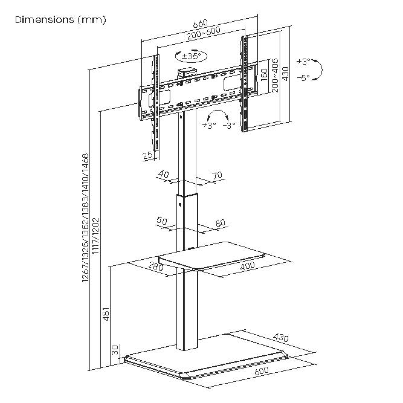 Een technische tekening toont de afmetingen van een tv-standaard. Het heeft een basis, een centrale paal, een plank en een tv-beugel met afmetingen.
