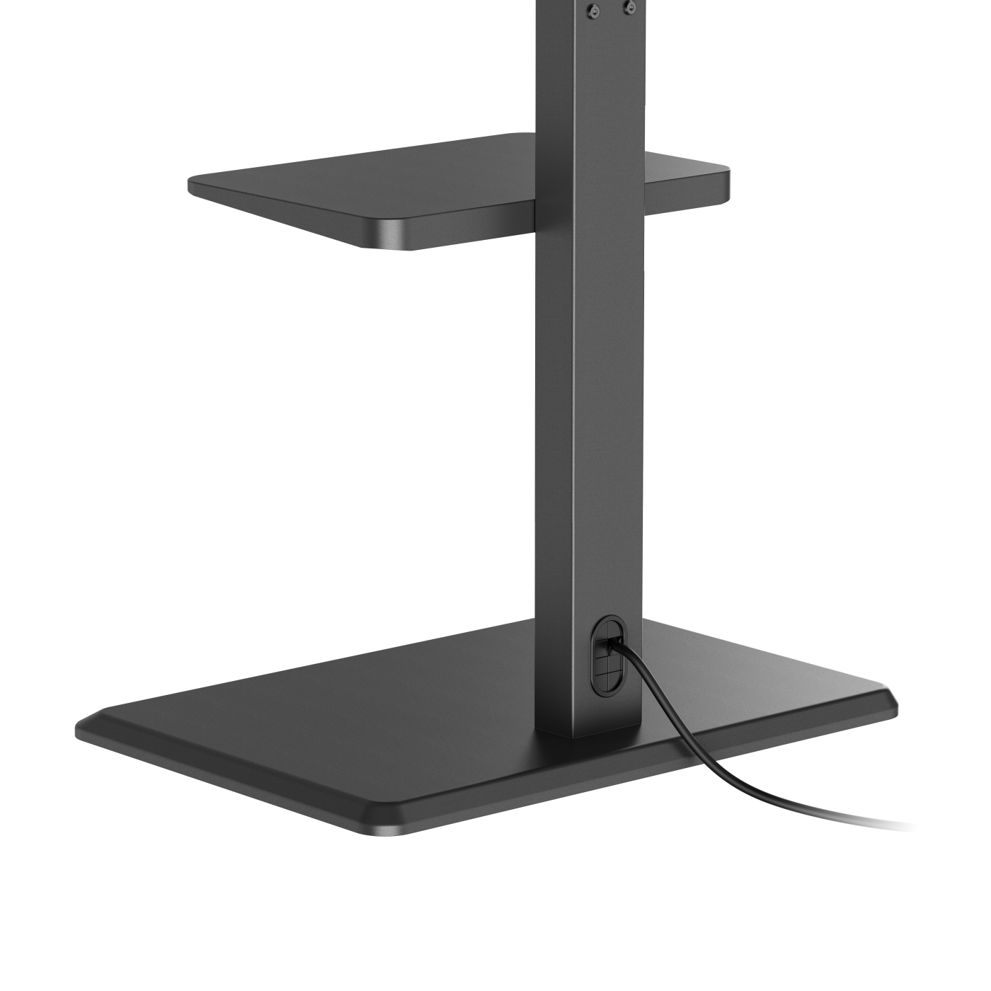 Een zwarte metalen standaard met een rechthoekige basis, een verticale steun en twee planken. Een kabel komt uit de standaard.
