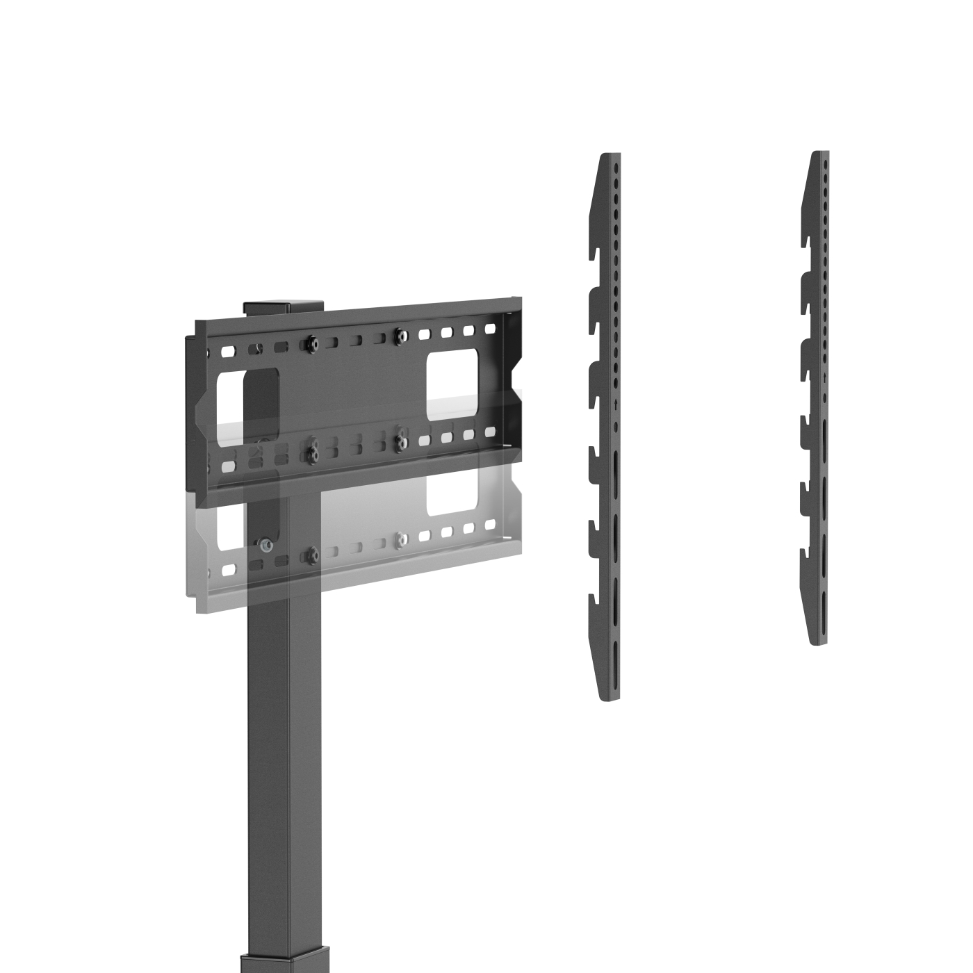 Een zwarte tv-beugel met drie delen: een basis, een beugel en twee verticale rails. De achtergrond is wit.