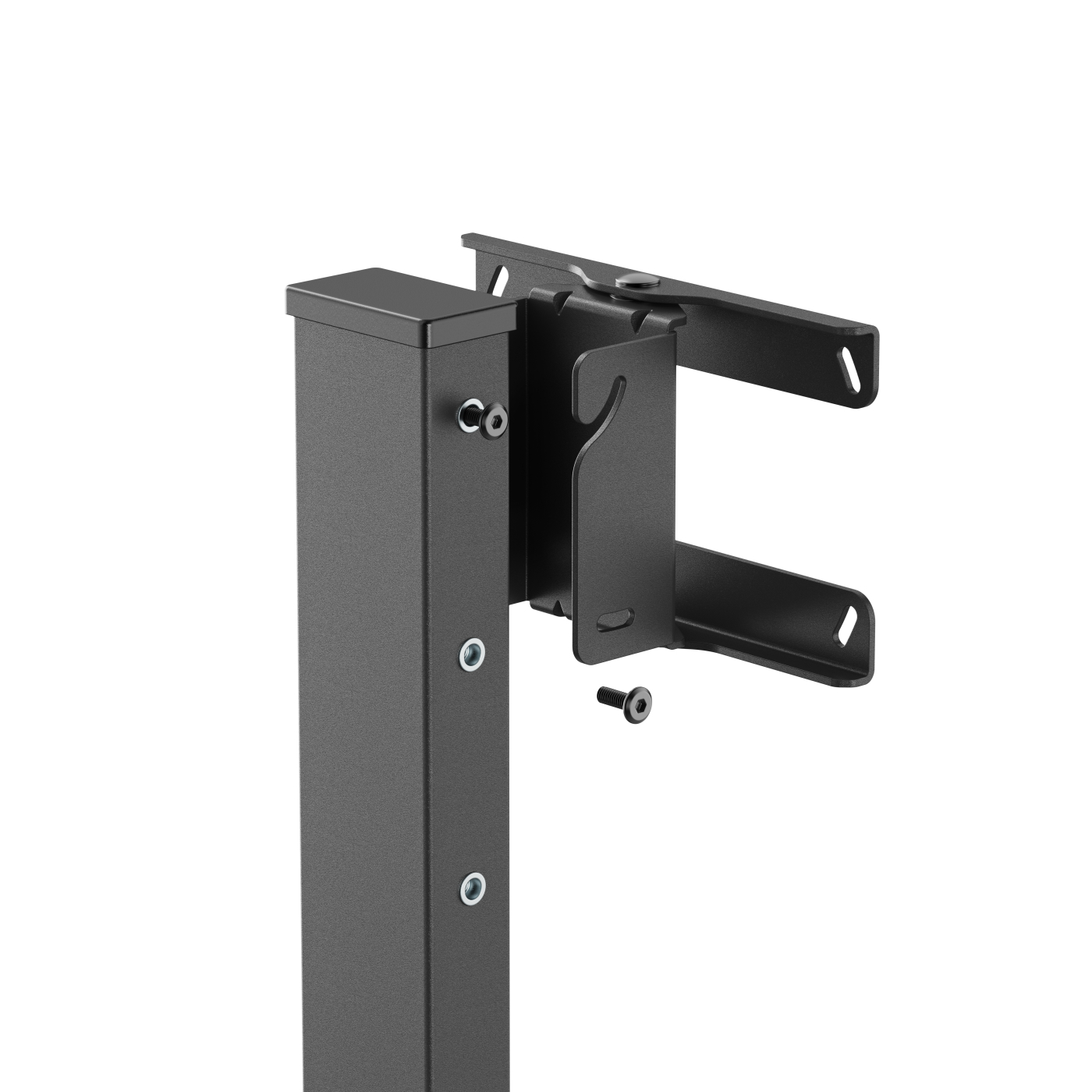 Een zwarte metalen tv-standaard met beugel en schroeven, tegen een witte achtergrond. De standaard is verticaal en vierkant.