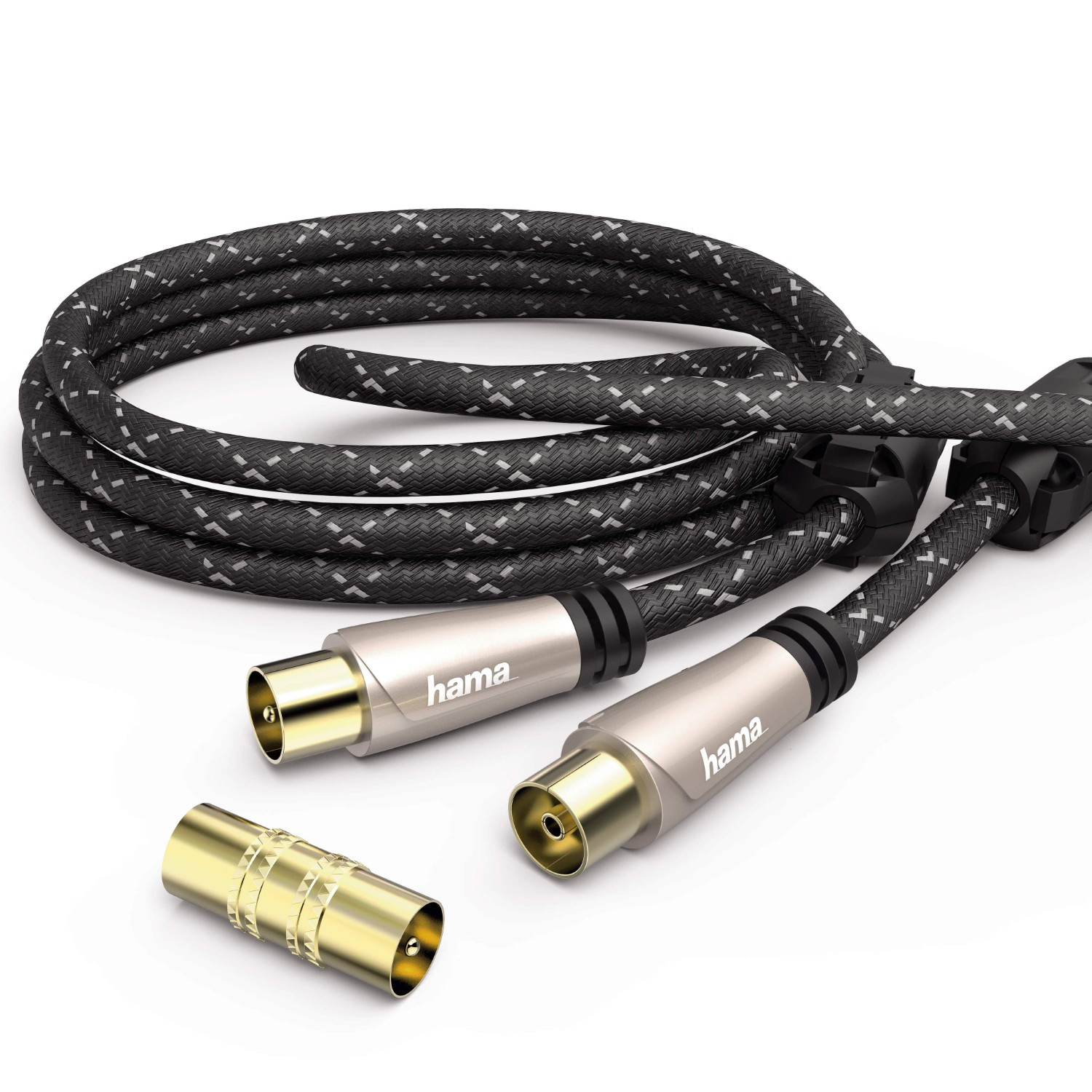 Schwarzes und graues Koaxialkabel mit Steckern. Ein Stecker ist abgetrennt. Der Markenname "hama" ist auf den Steckern aufgedruckt.
