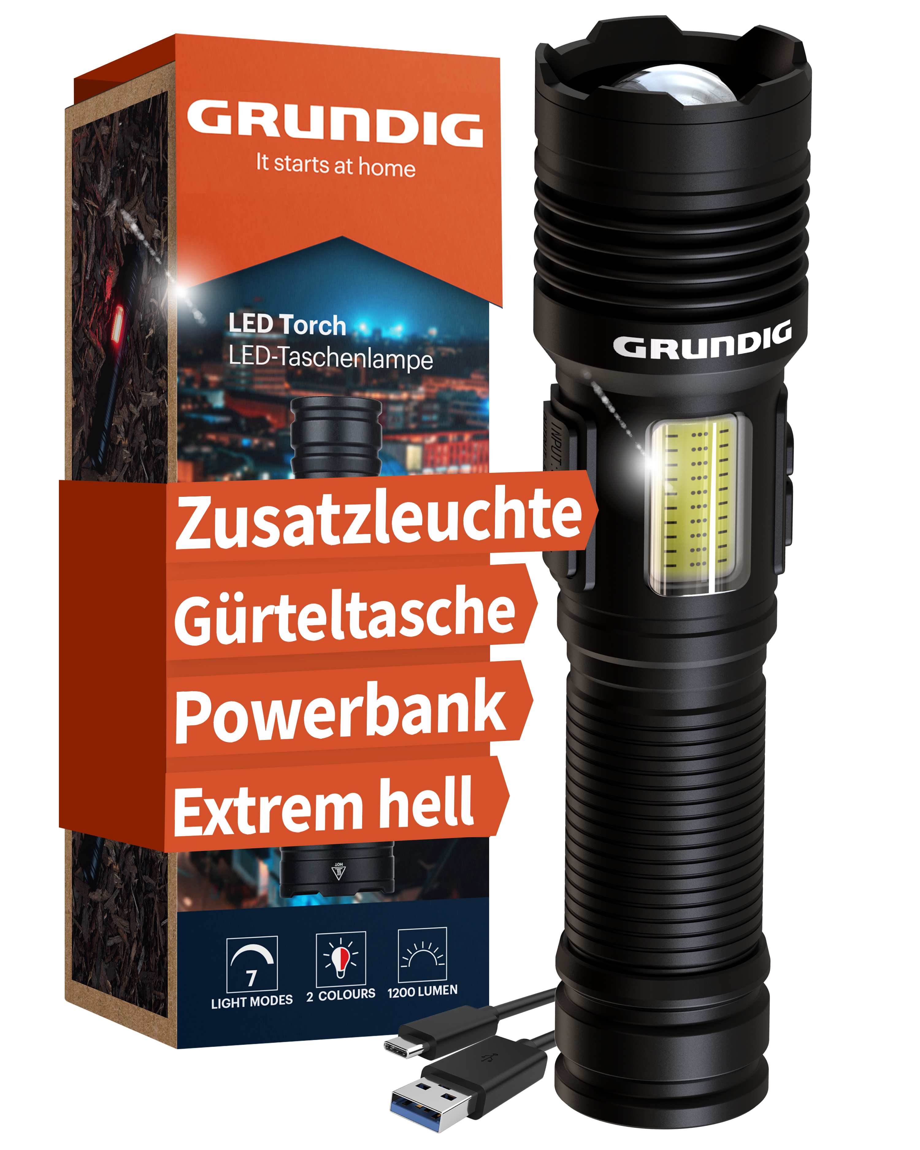 Eine schwarze Grundig LED-Taschenlampe mit einer Box. Die Box enthält Produktinformationen und eine Nachtszene. Ein USB-Kabel ist ebenfalls sichtbar.