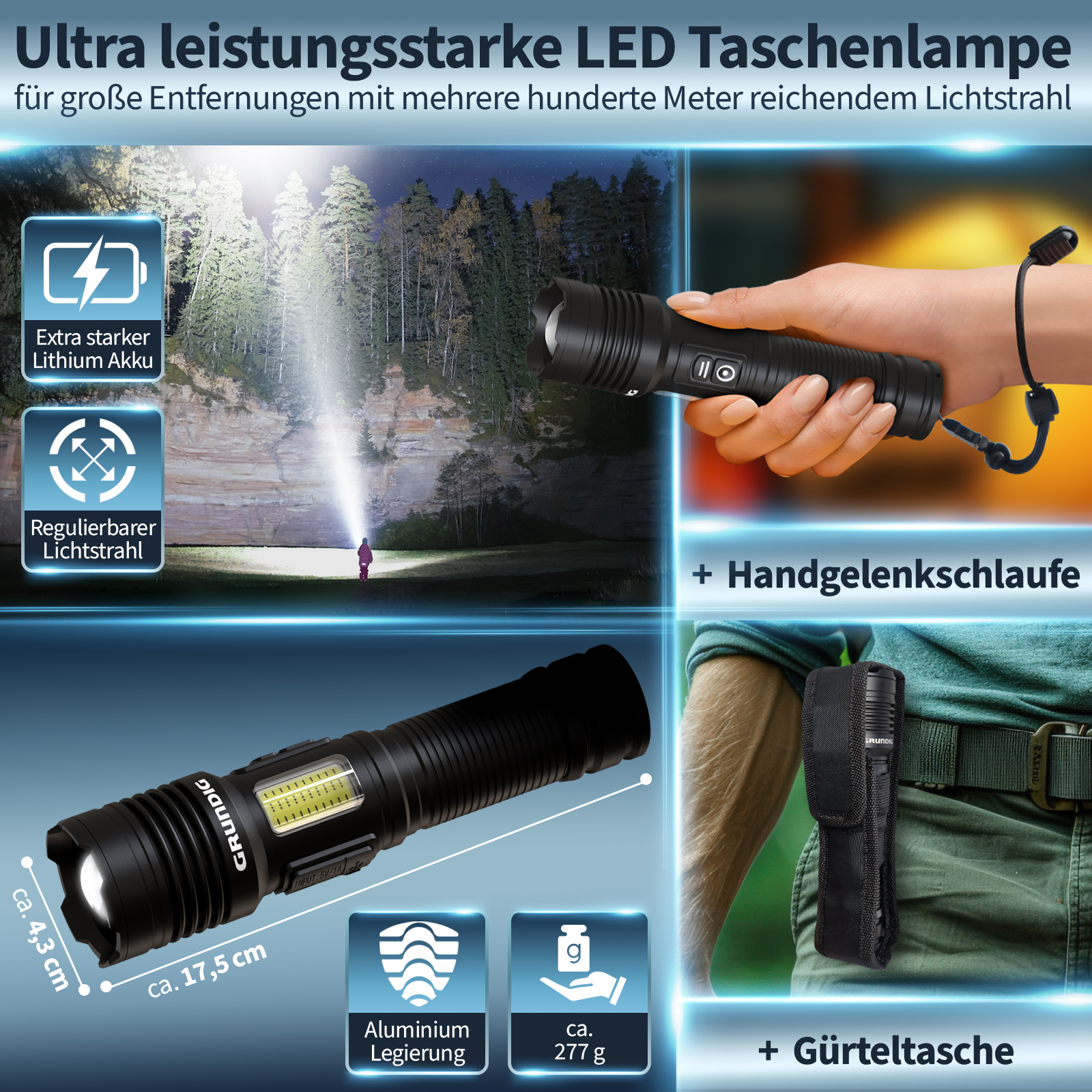 Das Bild zeigt eine schwarze LED-Taschenlampe mit Funktionen, darunter eine Handschlaufe und eine Gürteltasche. Eine Person hält die Taschenlampe.