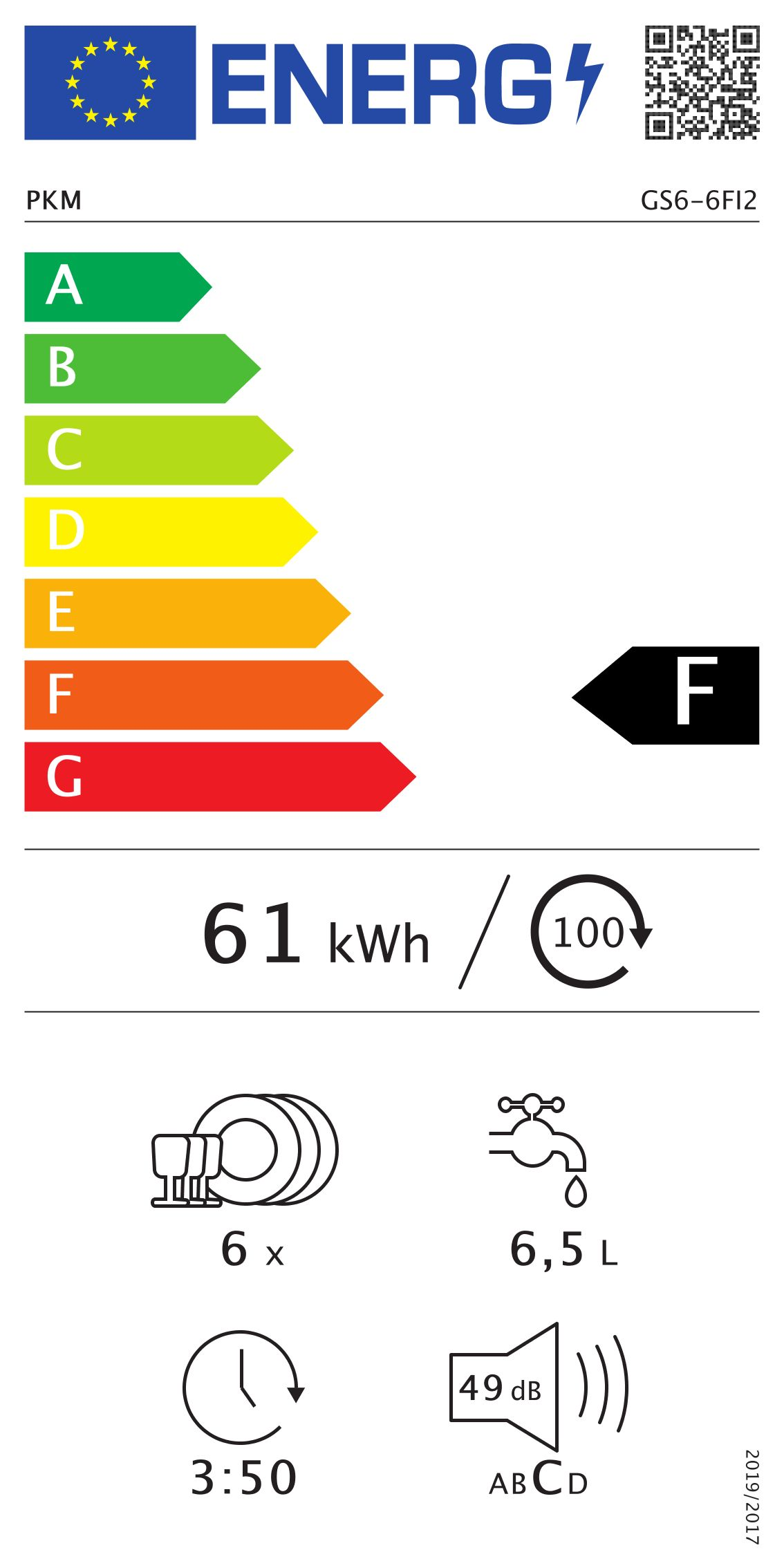 Energielabel für einen Geschirrspüler. Enthält Energieeffizienzklassen, Wasserverbrauch, Geräuschpegel und Zykluszeit.
