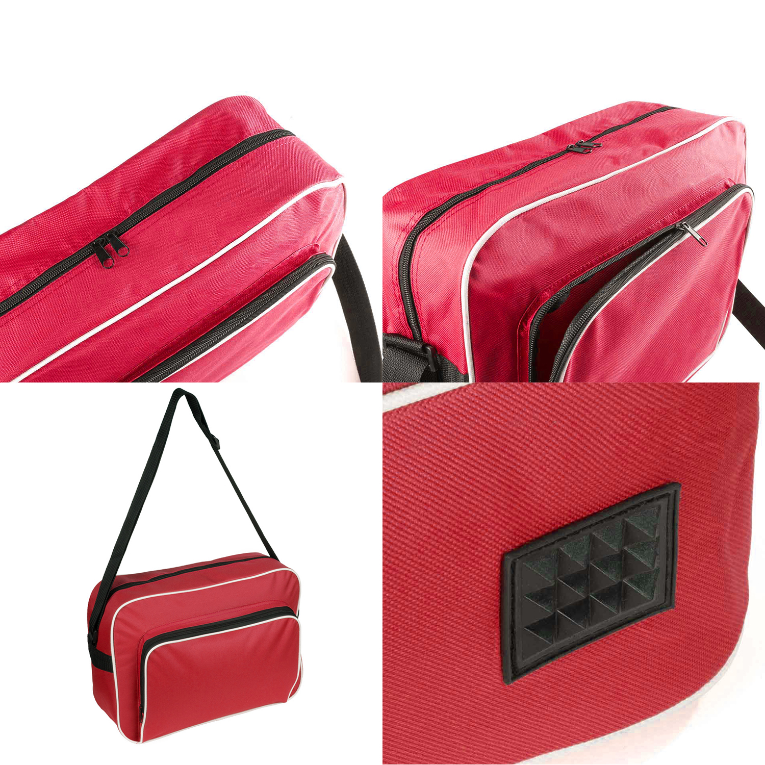 Borsa a tracolla rossa con finiture bianche, cerniera nera e tracolla. Caratterizzata da una toppa nera con dettagli a piramide.