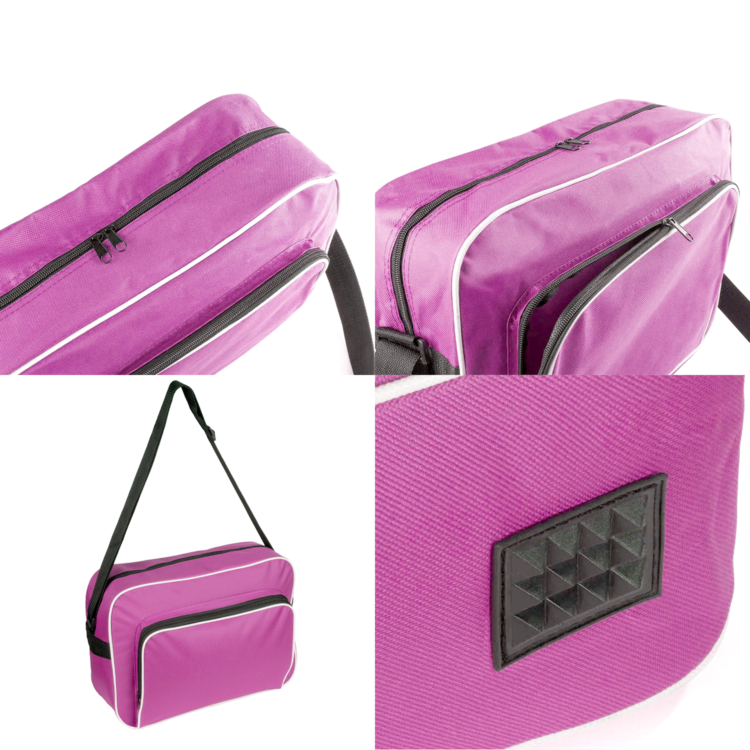 Una borsa a tracolla rosa è mostrata in più viste. Ha cerniere nere, finiture bianche e una tracolla nera.