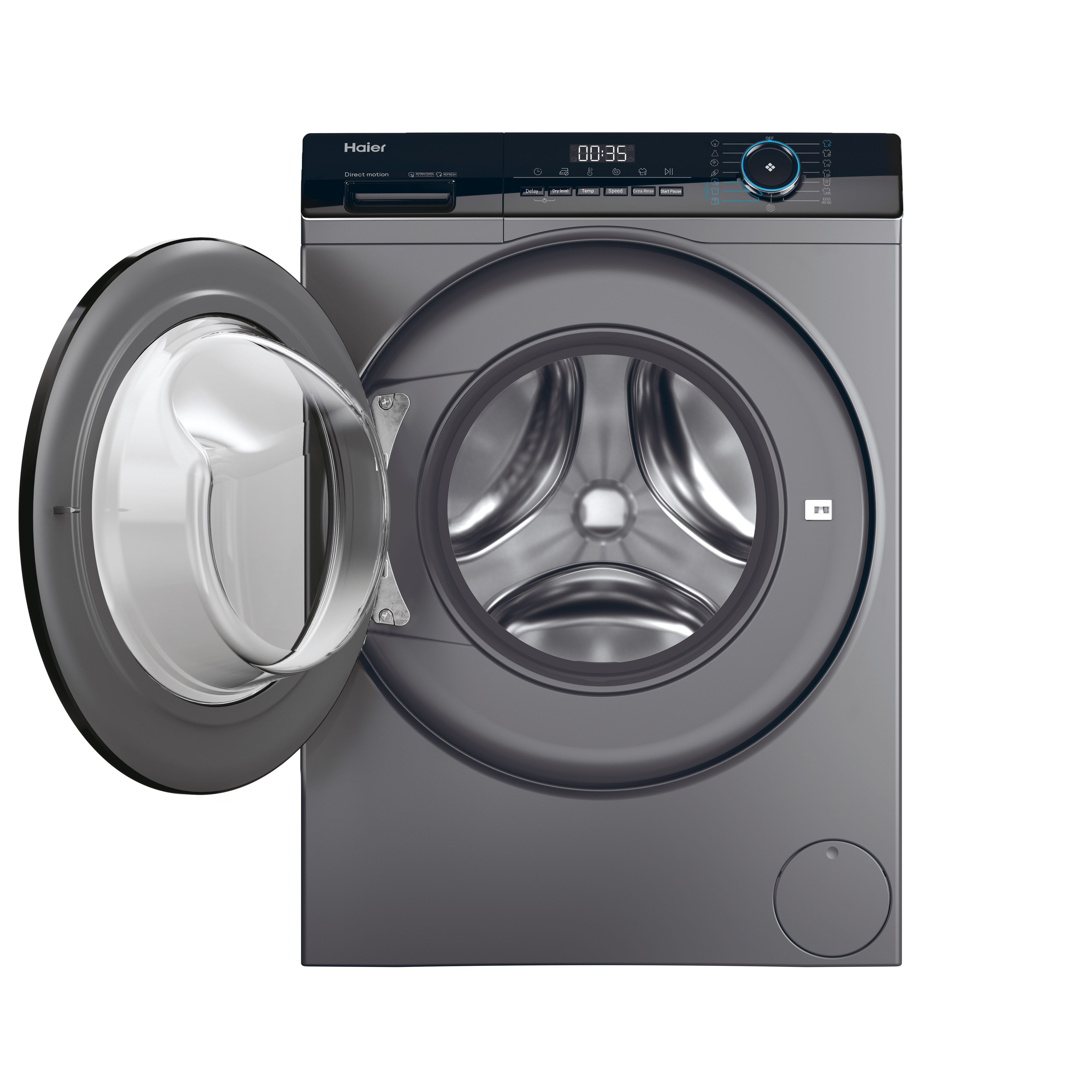 Una lavatrice Haier con porta aperta, colore argento, display digitale 00:35 e pulsanti di controllo visibili.