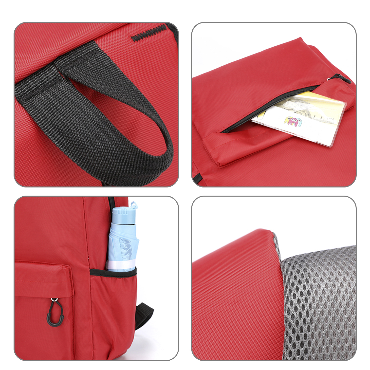 Primo piano di uno zaino rosso con dettagli neri. Include maniglia, tasca, borraccia e una piccola tasca.