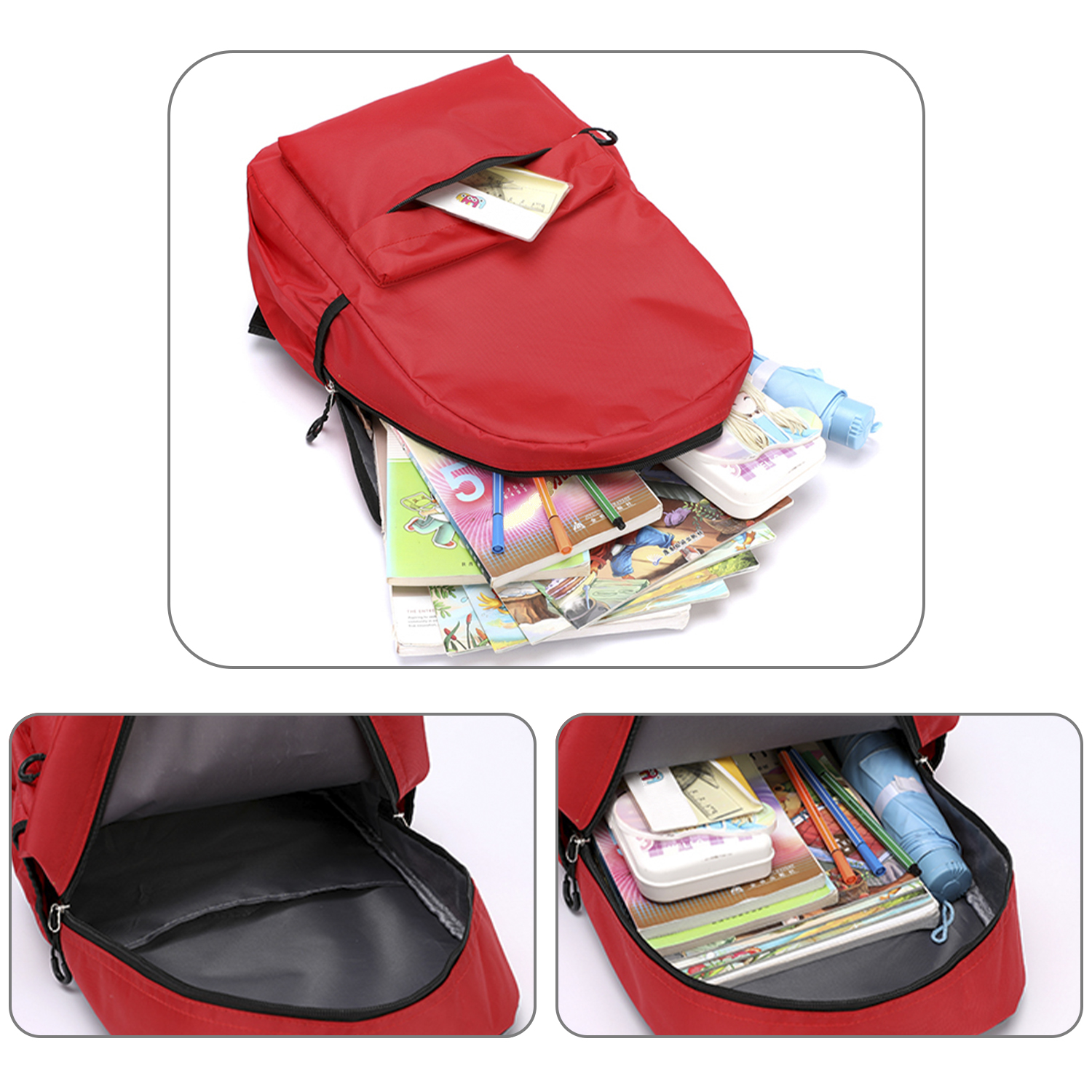 Uno zaino rosso pieno di materiale scolastico: libri, matite, un astuccio e una bottiglia d'acqua. Una piccola tasca contiene una carta.