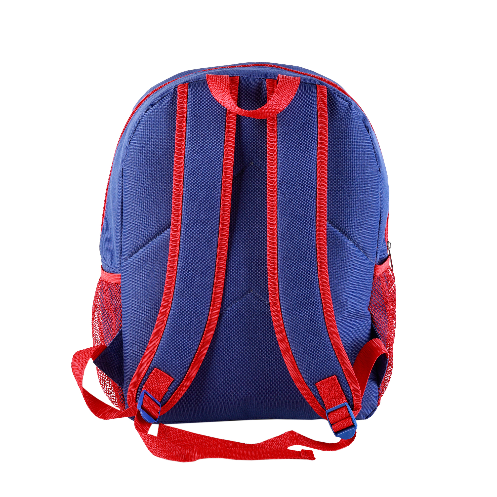 Mochila azul con correas y detalles rojos. Cuenta con dos bolsillos laterales de malla roja. Aislada sobre fondo blanco.