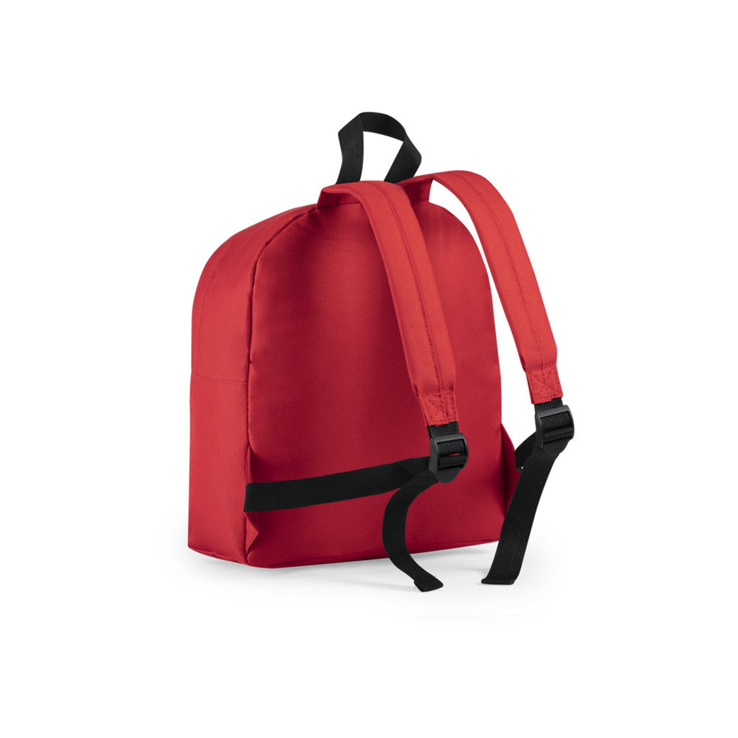 Uno zaino rosso con cinghie e fibbie nere su sfondo bianco. La borsa ha una forma curva.