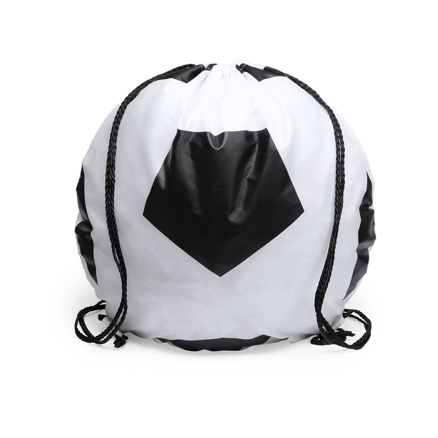 Un sacco bianco con coulisse con pannelli neri a forma di diamante, simile a un pallone da calcio. I cordini neri sono visibili sopra.