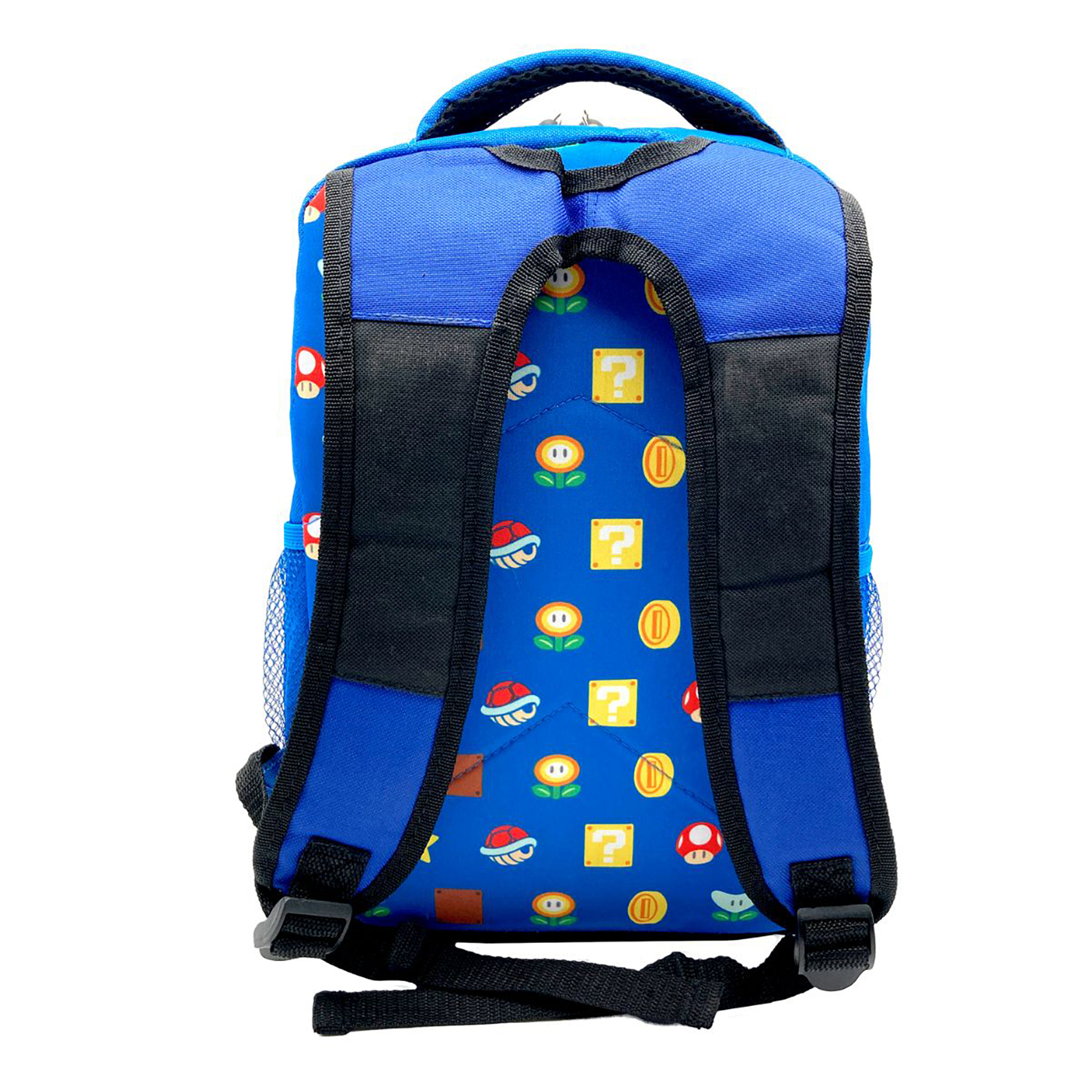 Zaino blu con personaggi di Mario. Ha spallacci neri e un manico. Lo sfondo è bianco.