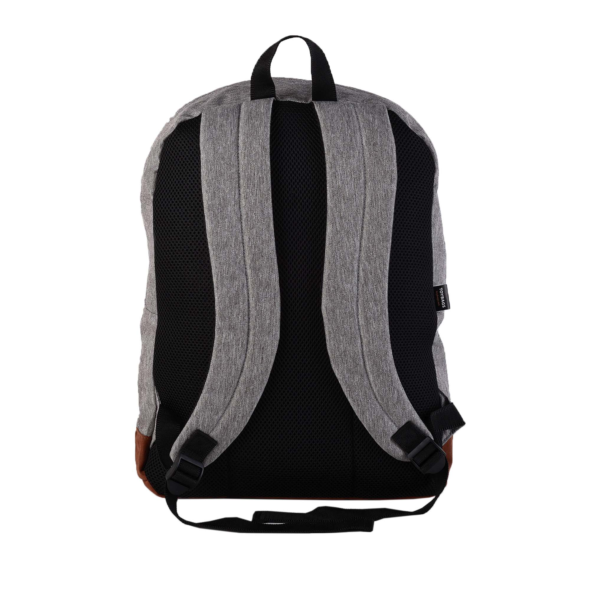 Zaino grigio con cinghie nere, schienale in rete e accenti marroni. Maniglia in alto. Il marchio è Toybags.