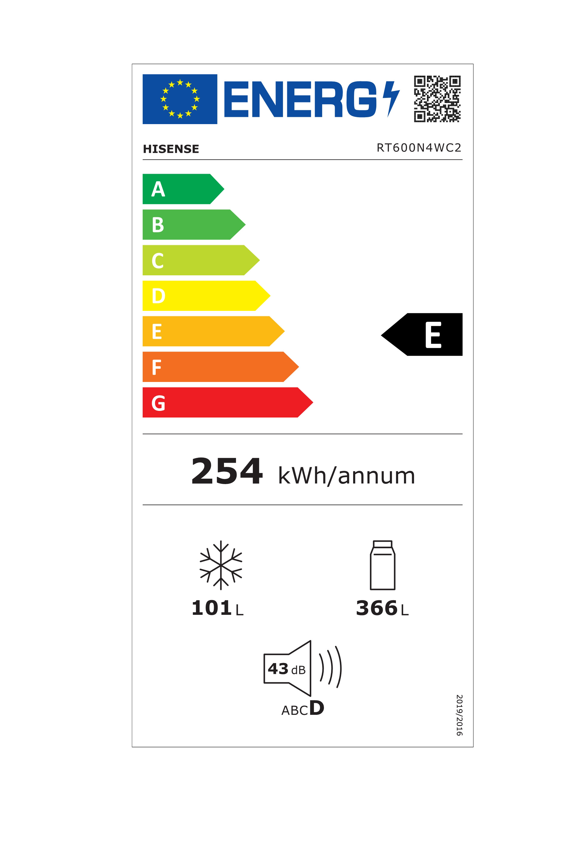 Energielabel für einen Hisense-Kühlschrank. Zeigt Energieeffizienzklasse E, 254 kWh/Jahr, 101L, 366L und Geräuschpegel 43 dB.