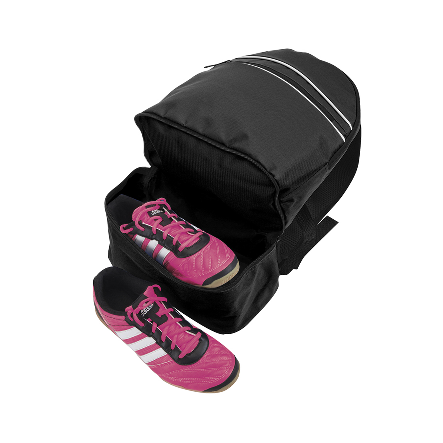 Zaino nero con due strisce bianche, aperto con scarpe Adidas rosa dentro e fuori.