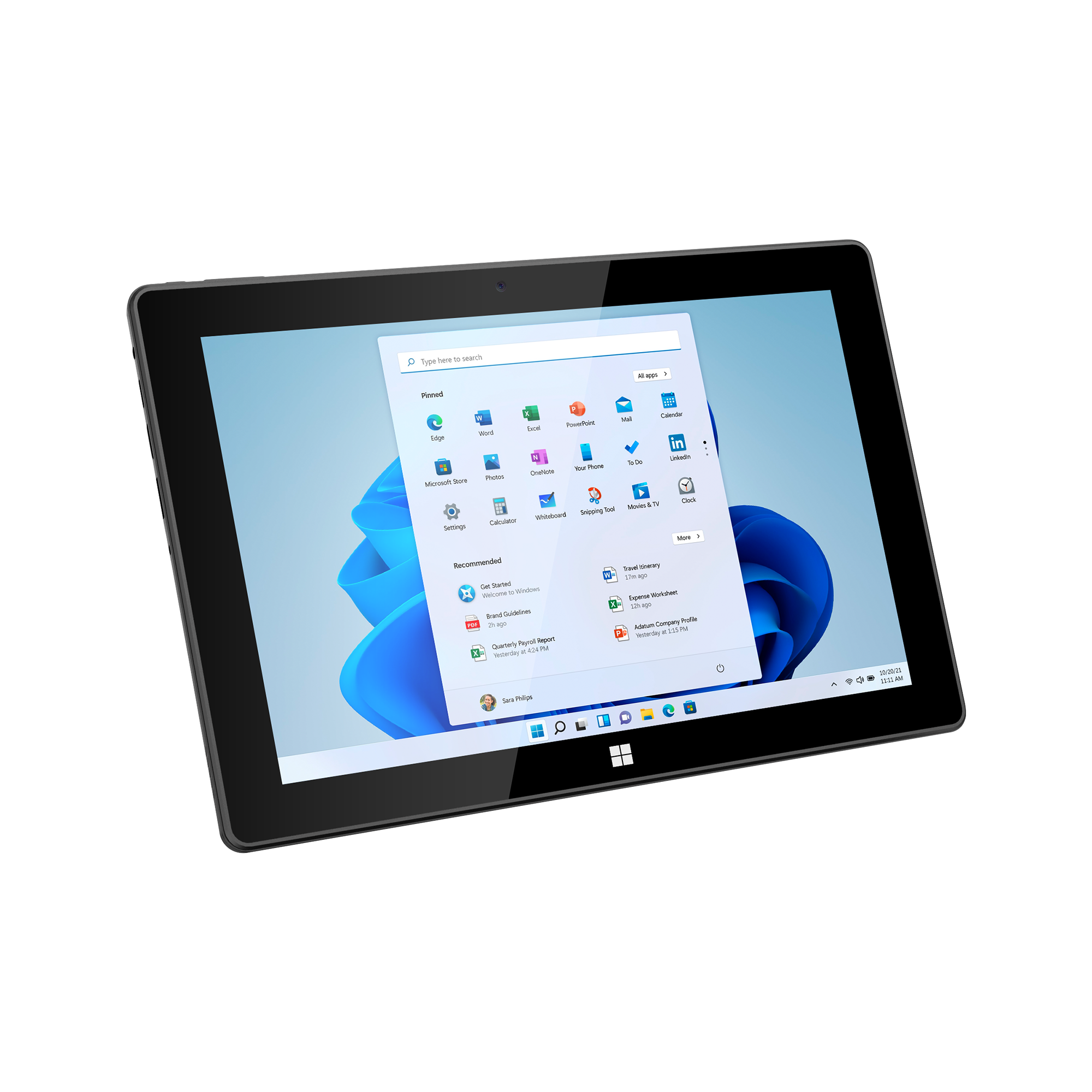 Czarny tablet wyświetla ekran główny systemu Windows 11 z ikonami aplikacji i paskiem wyszukiwania. Niebieski abstrakcyjny wzór w tle.
