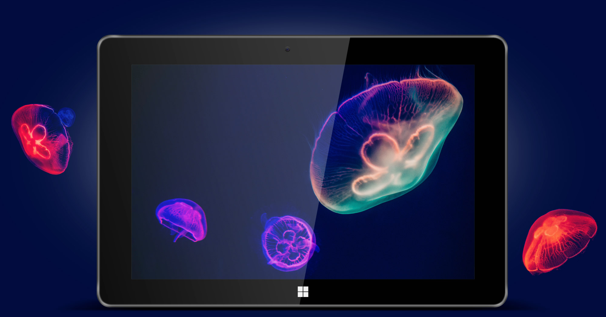 Tablet wyświetla meduzy na ciemnoniebieskim tle. Kilka meduz pływa wokół tabletu. Meduzy są w odcieniach czerwieni, fioletu i zieleni.