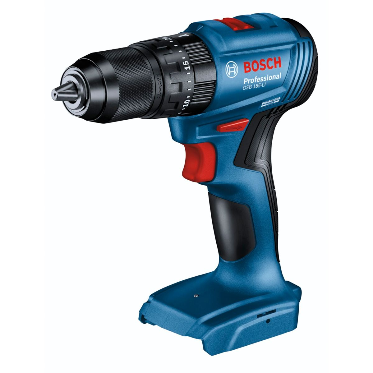 Un trapano blu Bosch GSB 185-LI. Ha una punta nera, pulsanti rossi e un'impugnatura nera. Il marchio è visibile sul lato.