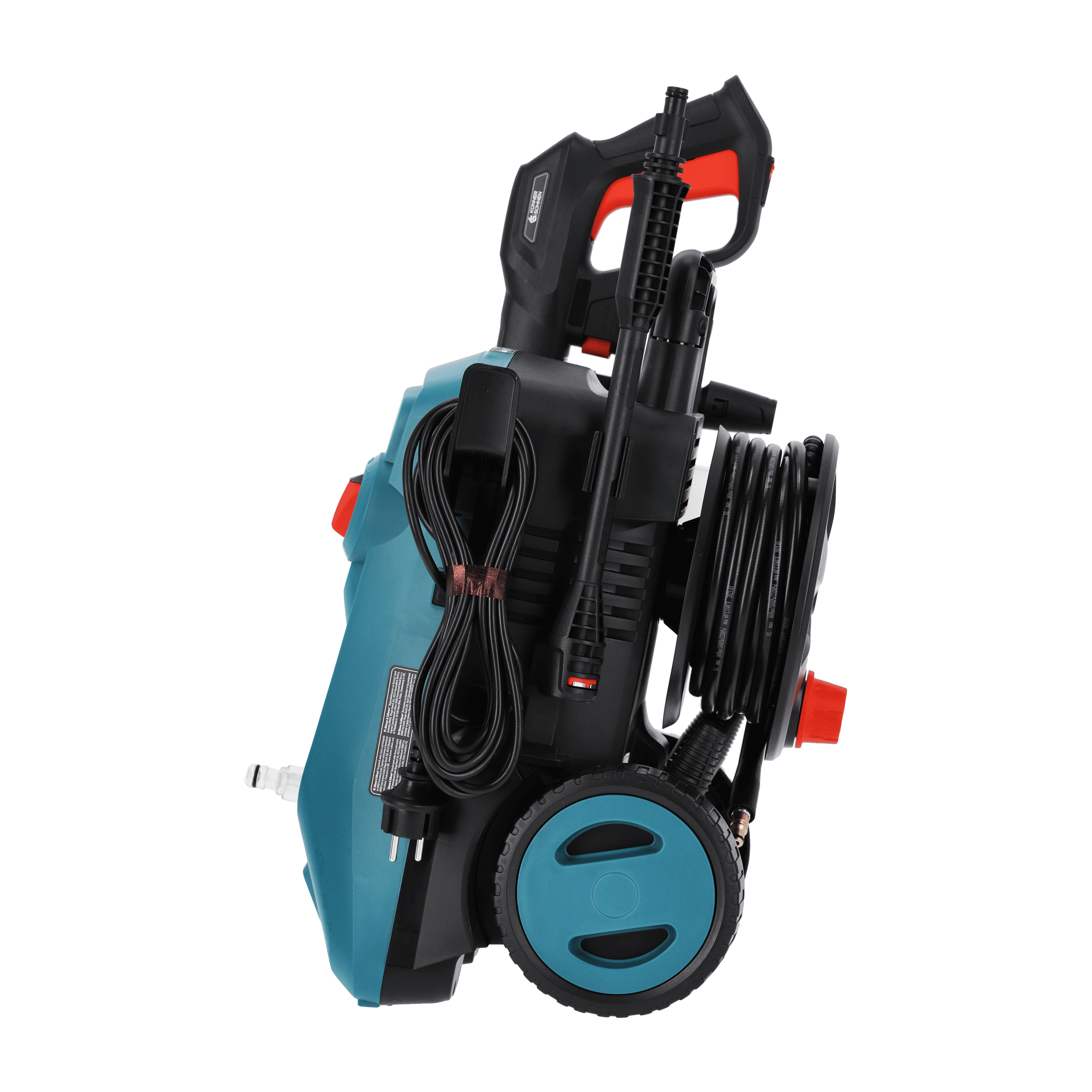 Myjka ciśnieniowa, turkusowo-czarna, z czerwonymi akcentami, na zielonym tle. Ma wąż i koła.