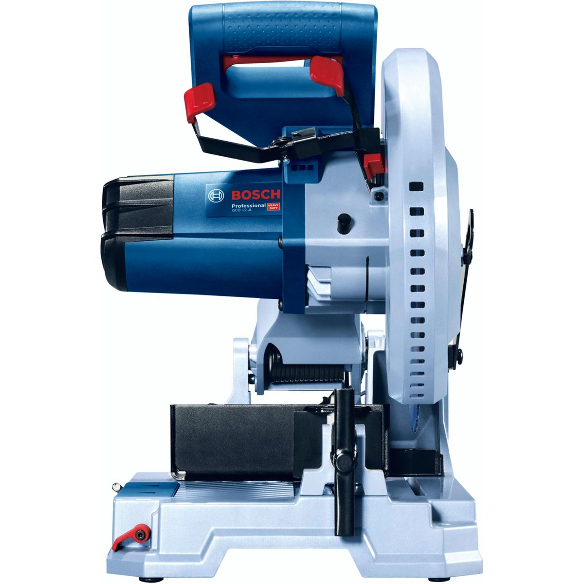 Una sierra ingletadora profesional Bosch azul y gris. Tiene un mango, protectores de seguridad y una base para cortar. El logotipo de Bosch es visible.