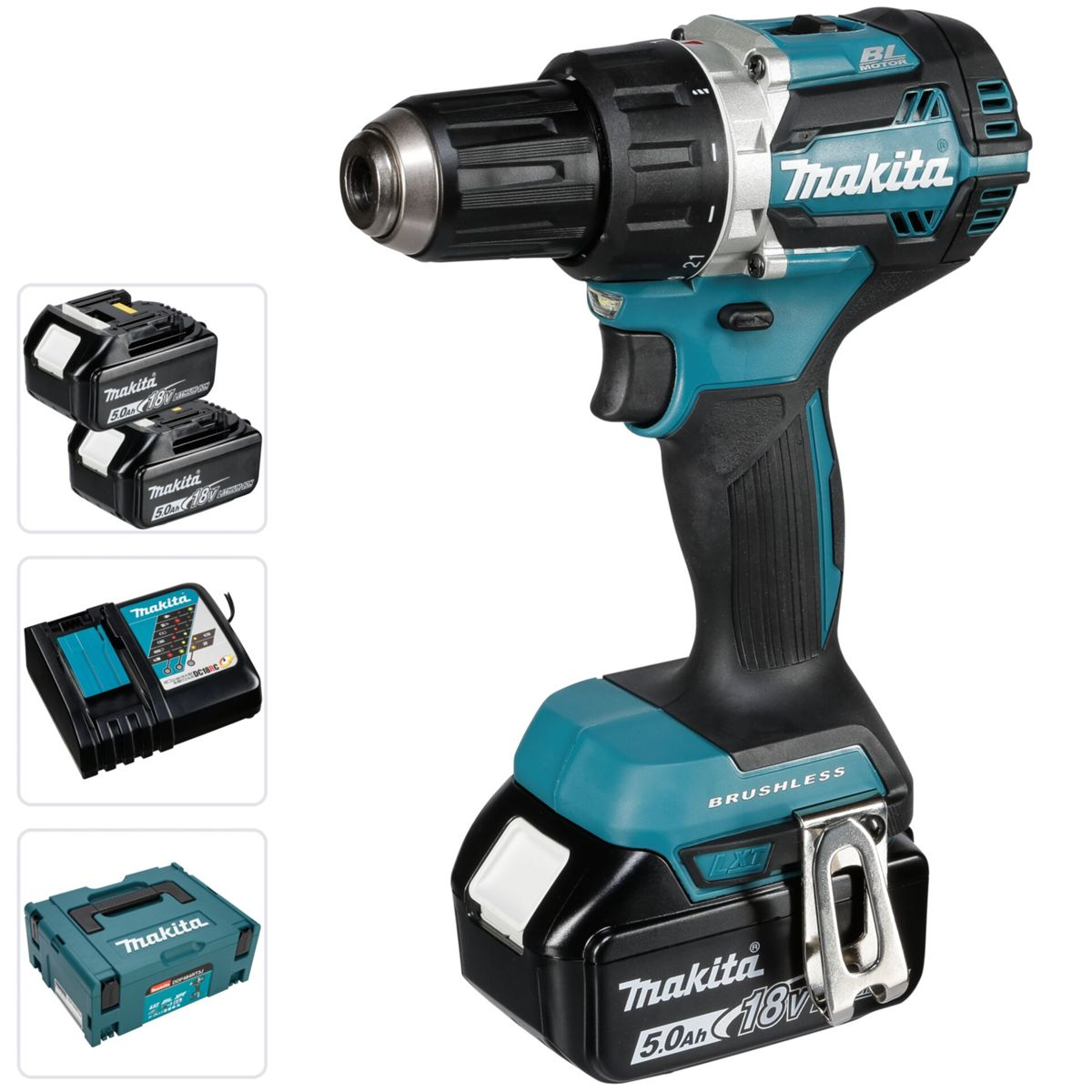 Trapano avvitatore Makita con batterie, caricabatterie e custodia. Colori nero, verde acqua e argento. Foto del prodotto su sfondo bianco.