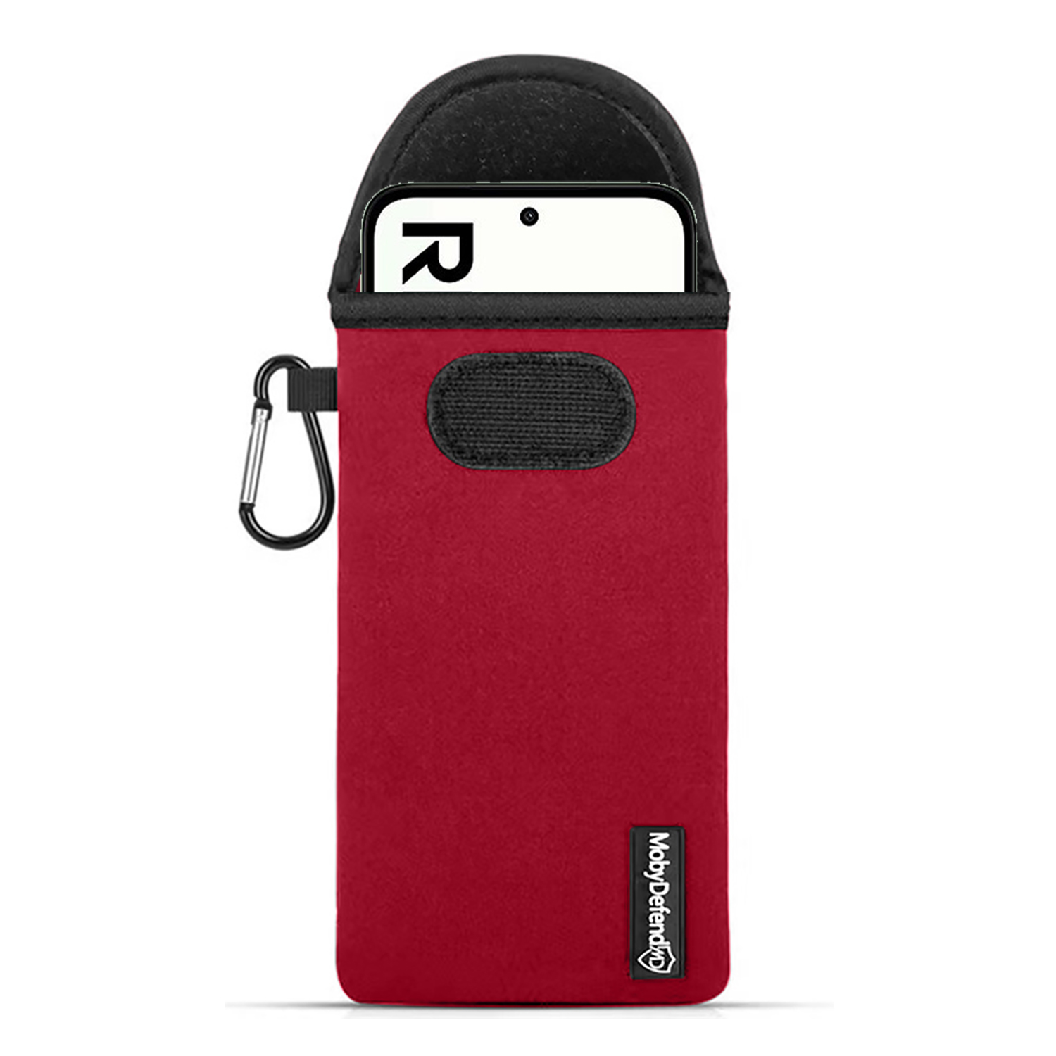Rode telefoonhoes met zwarte rand. Een telefoon is gedeeltelijk zichtbaar. Een karabijnhaak is bevestigd. Het merk "MobyDefend" is zichtbaar.