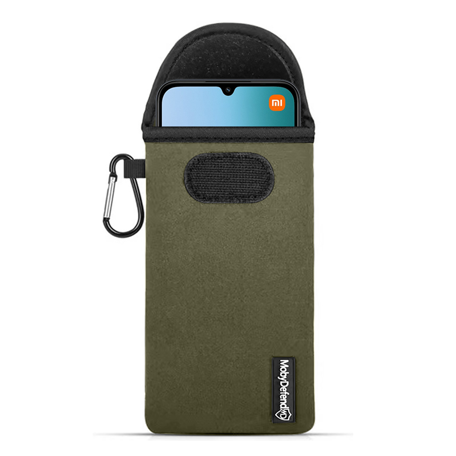 Une housse de téléphone vert olive avec un dessus noir et un mousqueton argenté. Un téléphone avec un logo est visible à l'intérieur de la housse.
