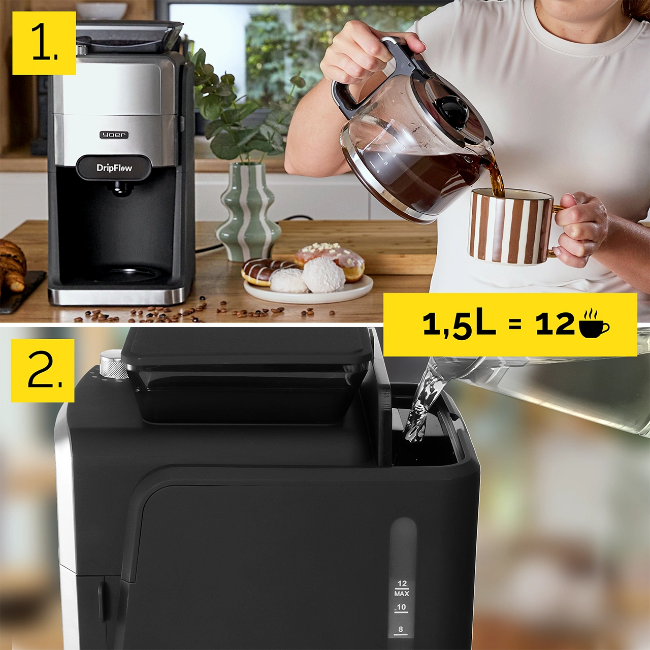 Osoba nalewa kawę ze szklanej karafki do paski kubka. Po lewej stronie ekspres do kawy. Widoczne pączki i ciastka.