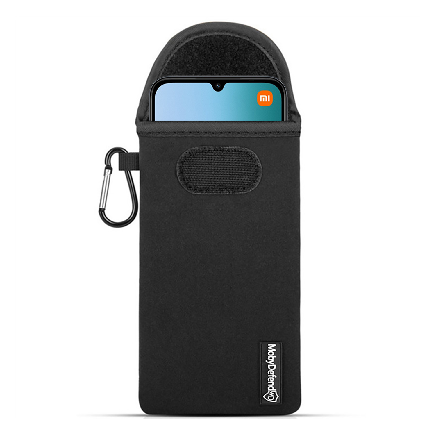 Een zwarte telefoonhoes met een karabijnhaak. Een telefoon met het MI-logo op het scherm zit erin.
