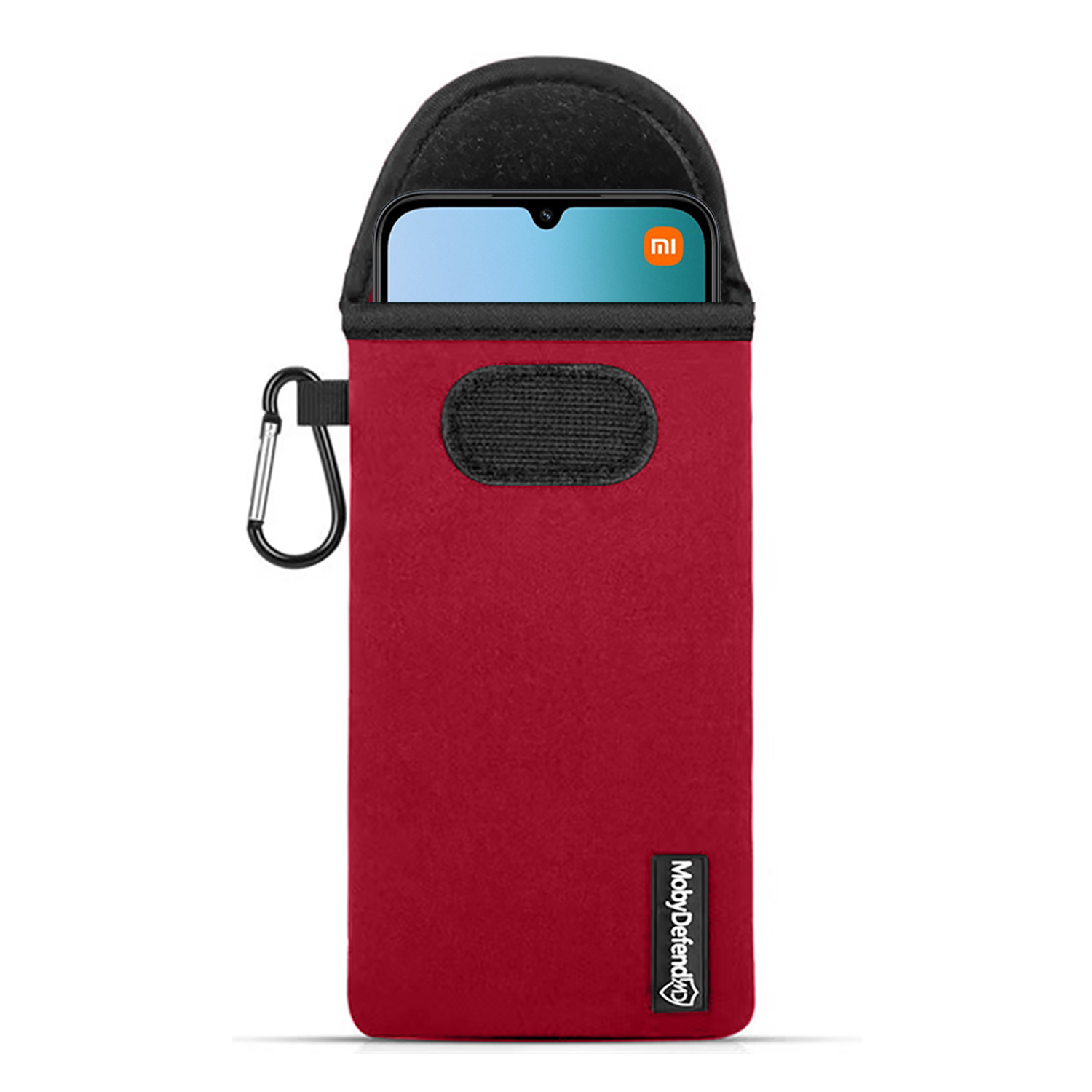 Rode telefoonhoes met zwarte bovenkant en sluiting. Telefoon in hoes heeft blauw scherm en Xiaomi logo.