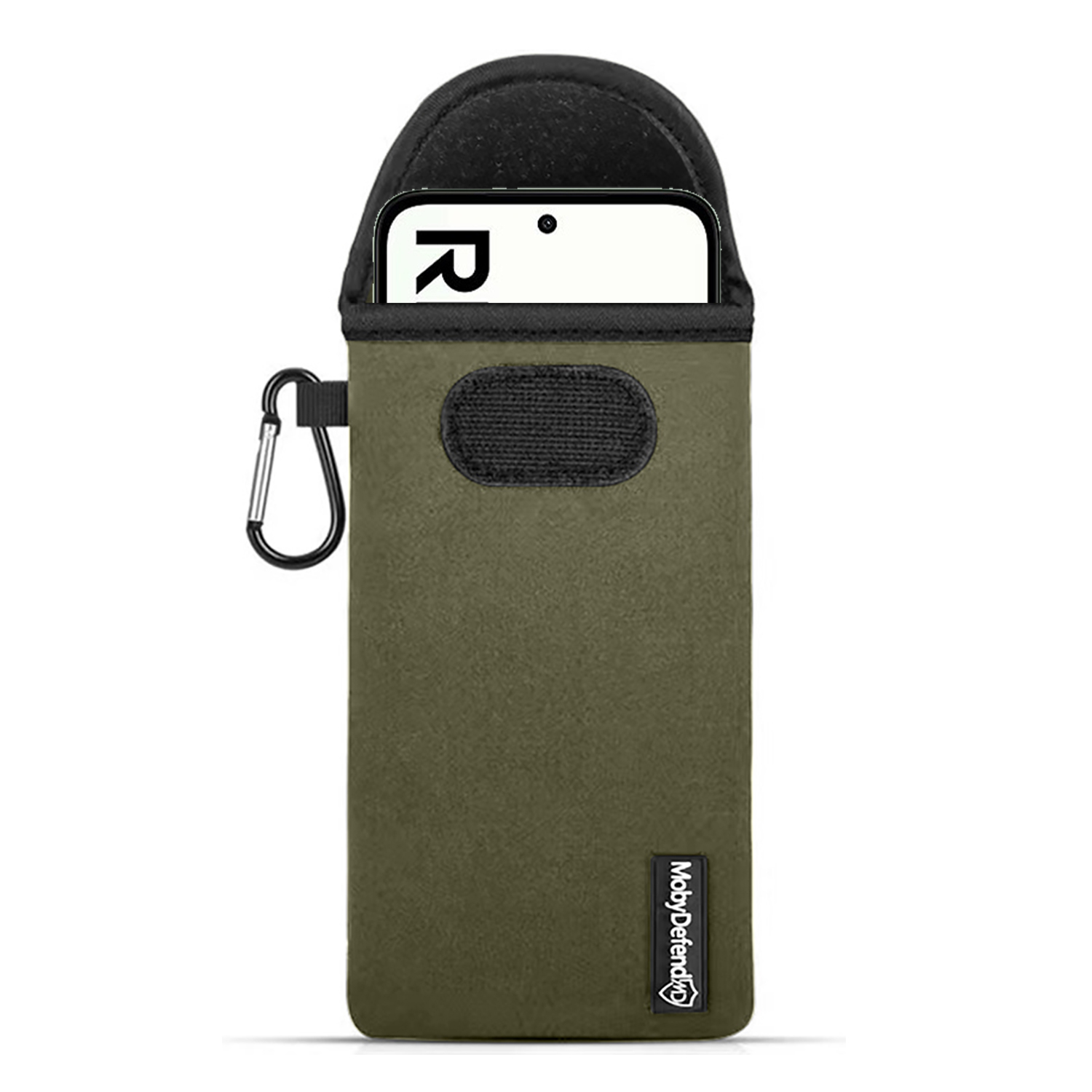Olijfgroene telefoonhoes met zwarte rand. Een telefoon met een 'R' is zichtbaar. Het heeft een karabijnhaak en een MobyDefend logo.