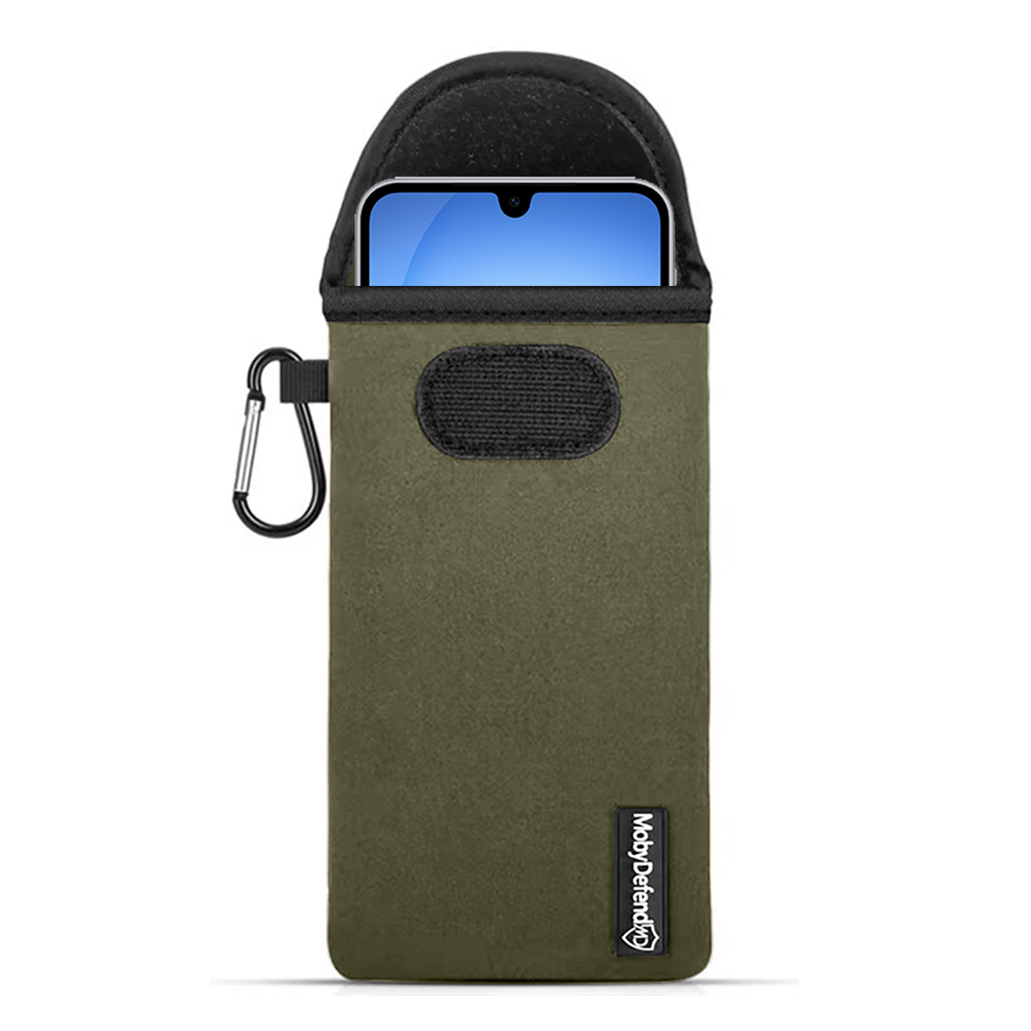 Une housse de téléphone vert olive avec un dessus noir et un mousqueton argenté. Un téléphone avec un écran bleu est visible.