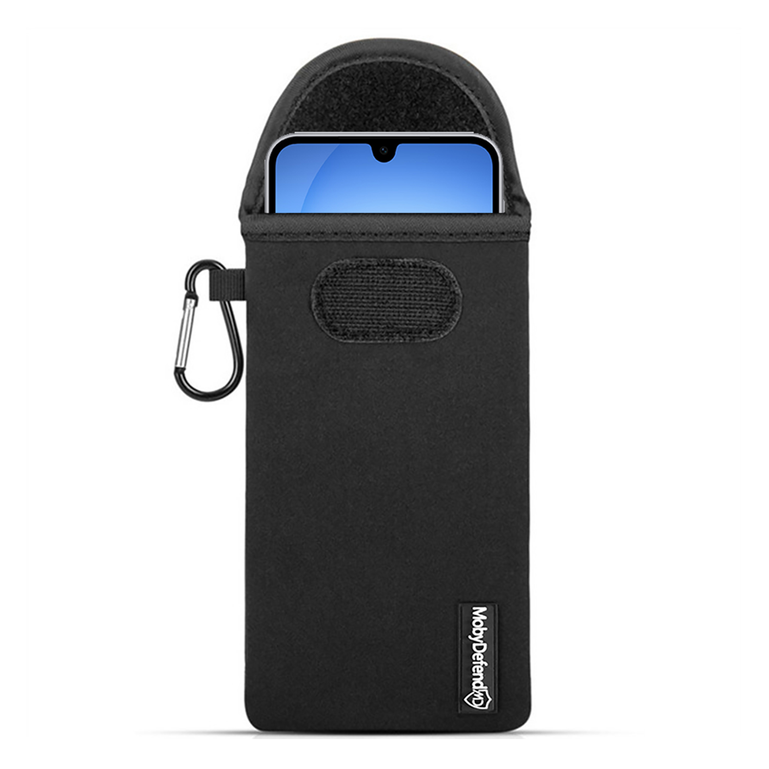 Étui de téléphone noir avec un téléphone à écran bleu à l'intérieur. Un mousqueton est attaché. La marque MobyDefend est visible.