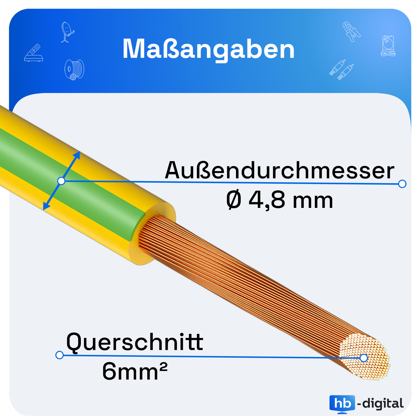 Querschnitt eines gelb-grünen Kabels mit Maßen. Außendurchmesser 4,8 mm, Querschnitt 6 mm².