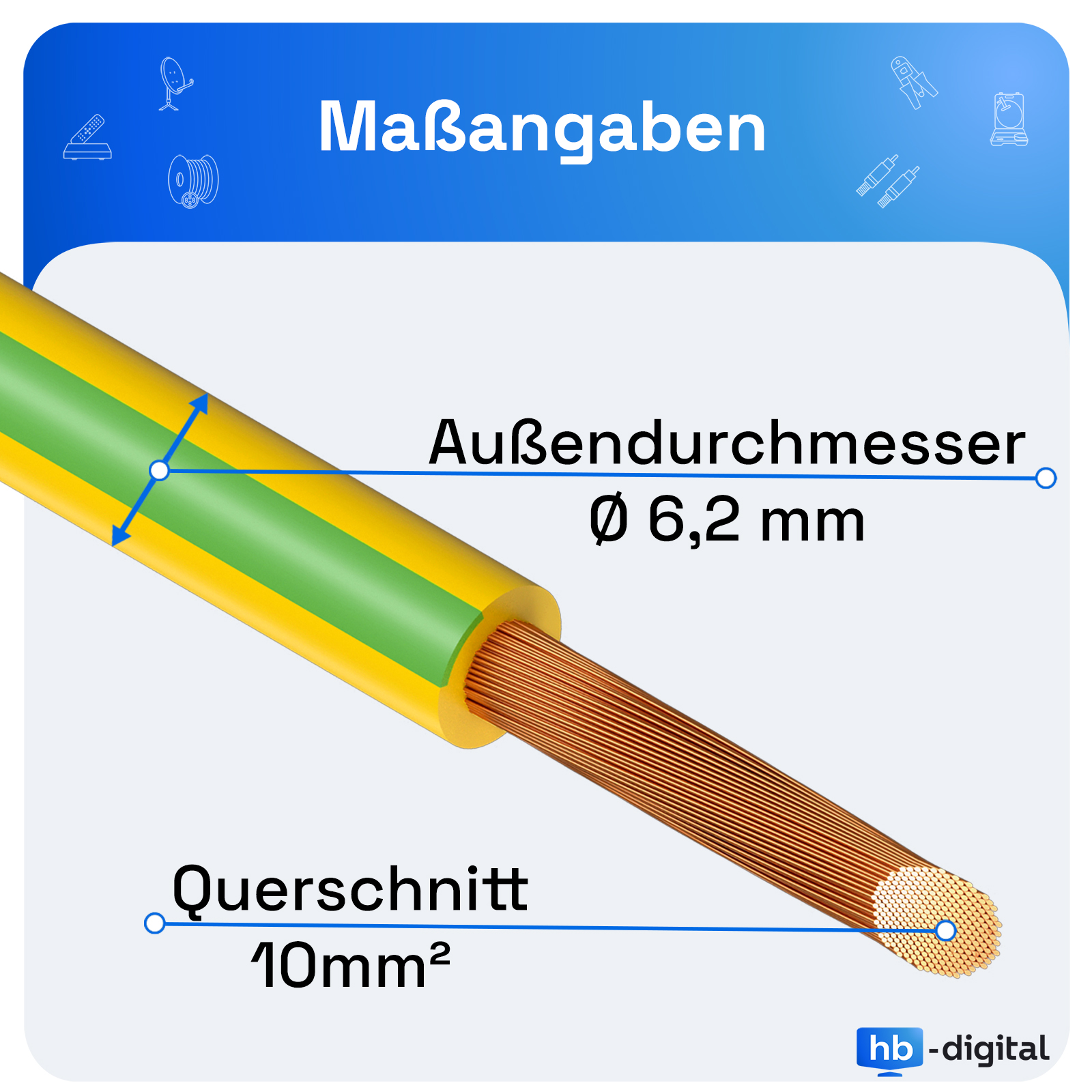 Ein geschnittenes Kabel mit gelben, grünen und kupferfarbenen Farben. Text: Außendurchmesser Ø 6,2 mm und Querschnitt 10mm².