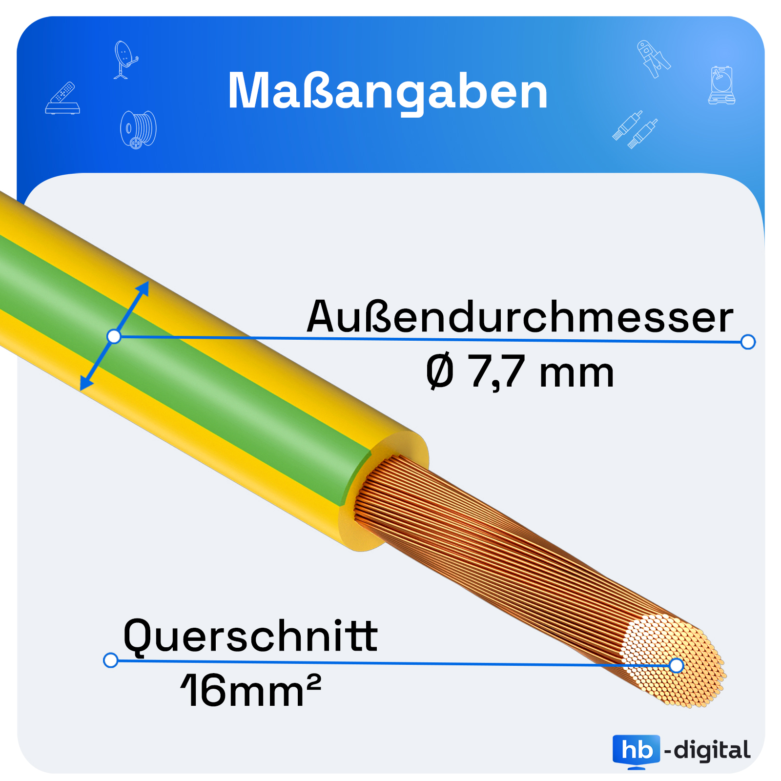 Ein Kabel mit gelber und grüner Isolierung. Das Ende zeigt Kupferdrähte. Text zeigt Abmessungen und Querschnitt.