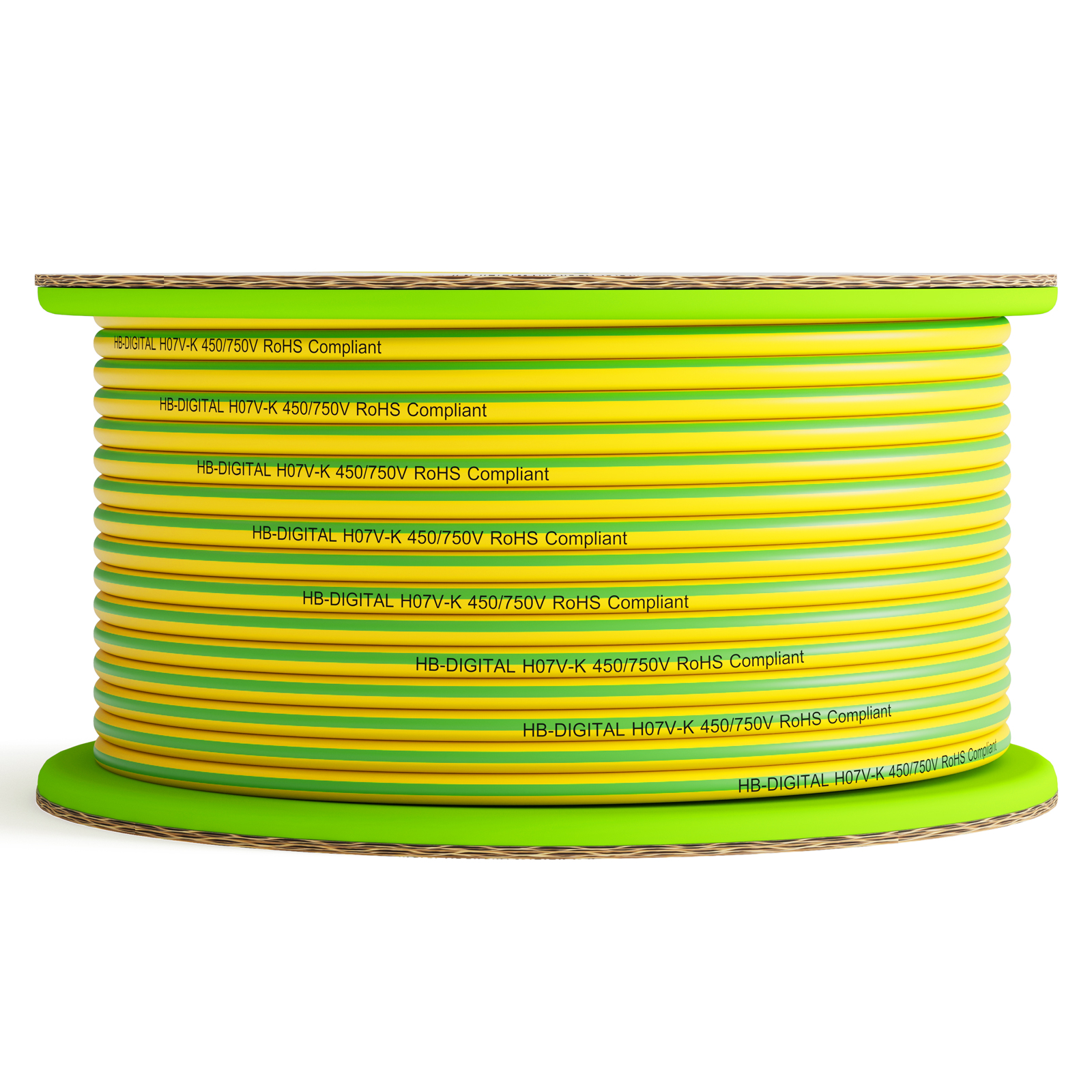 Eine Spule gelber und grüner Elektrokabel. Text: HB-DIGITAL H07V-K 450/750V RoHS Compliant.