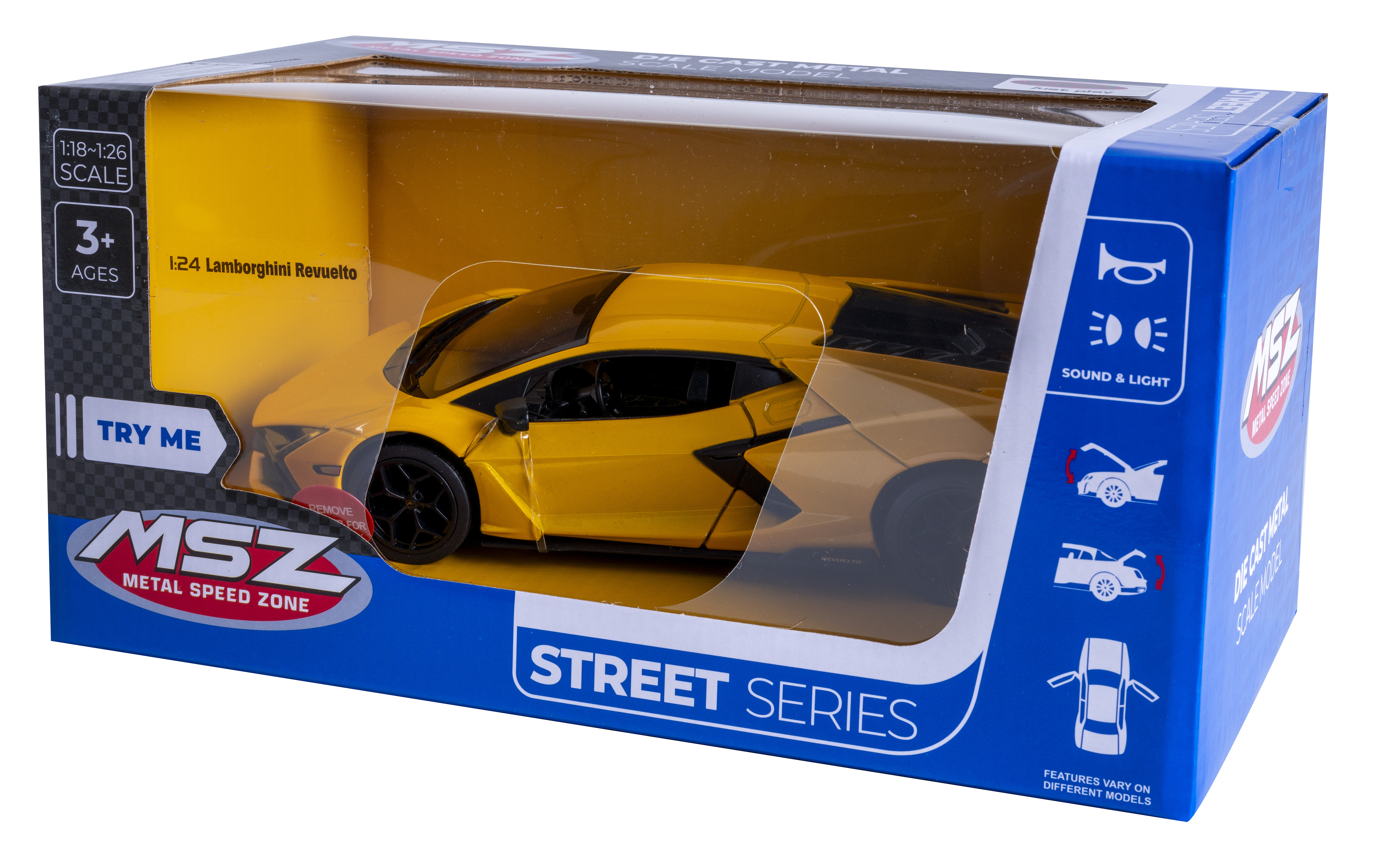 Ein gelbes Lamborghini-Spielzeugauto in einer Box. Die Box ist blau und trägt das Logo 'MSZ' und 'Street Series'.