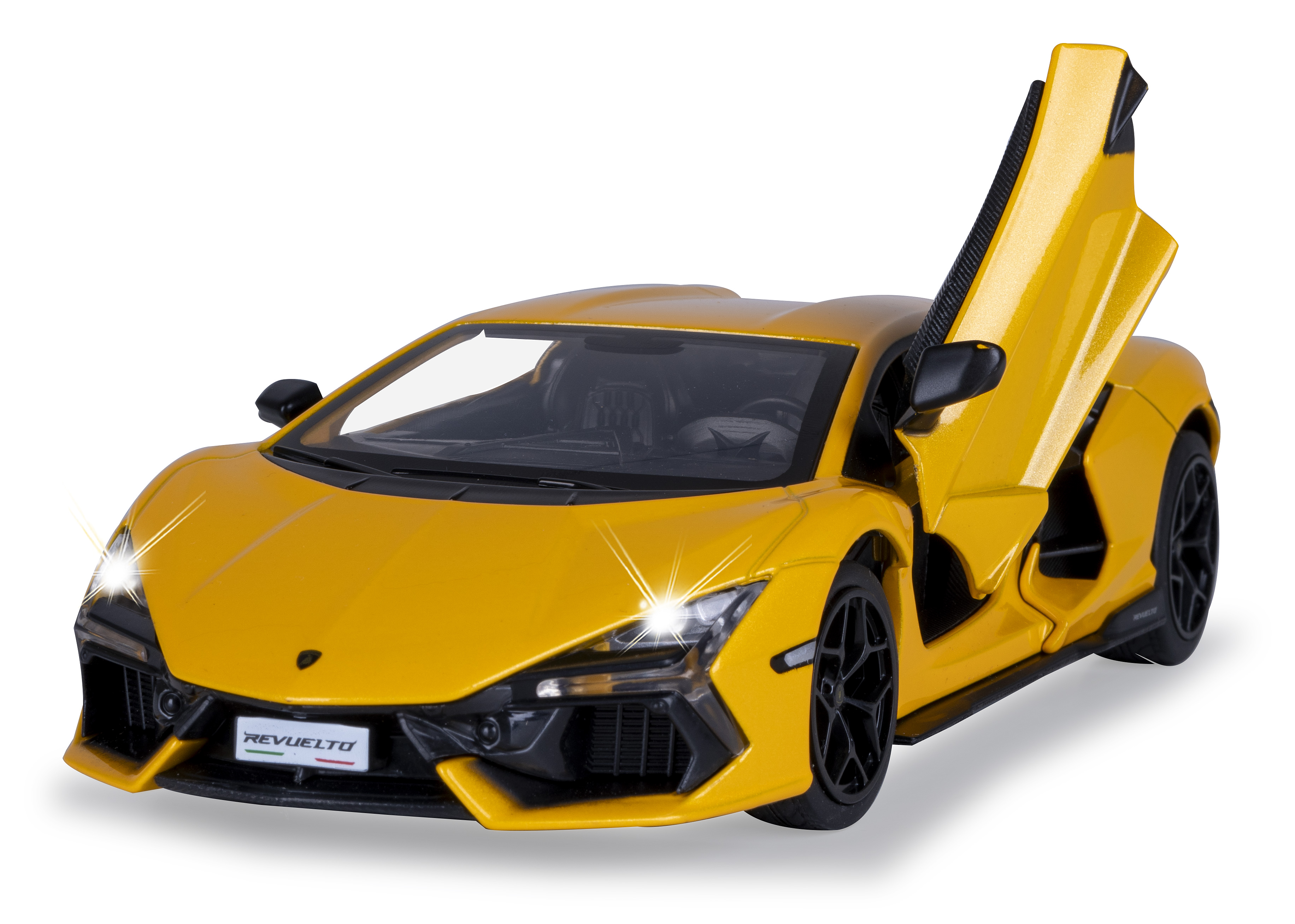 Gelbes Lamborghini-Spielzeugauto mit offener Tür und eingeschalteten Scheinwerfern. Schwarze Räder und Zierleisten, weißer Hintergrund.