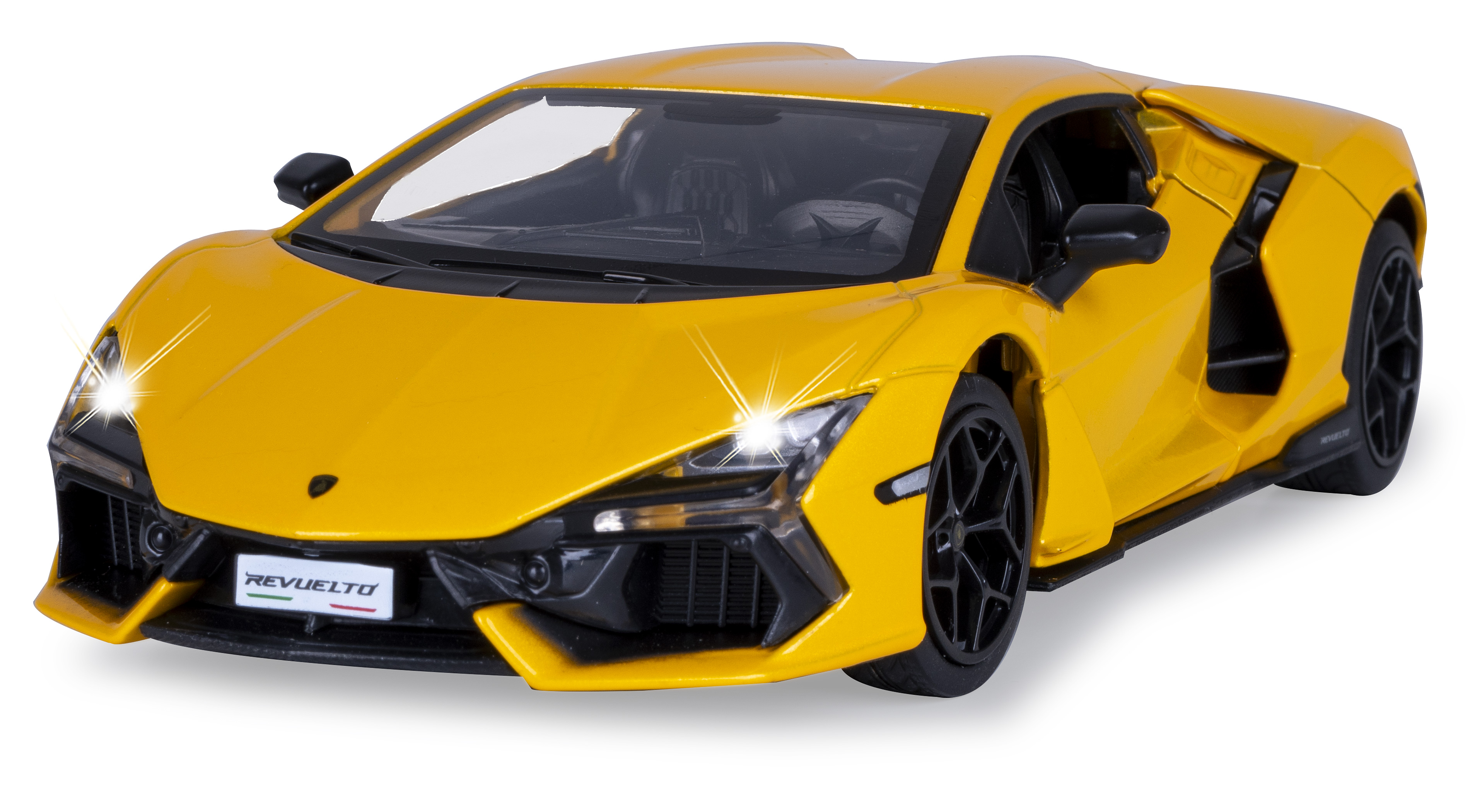 Ein gelbes Lamborghini-Spielzeugauto mit eingeschalteten Scheinwerfern auf weißem Hintergrund. Es hat schwarze Felgen und ein Revuelto-Etikett.