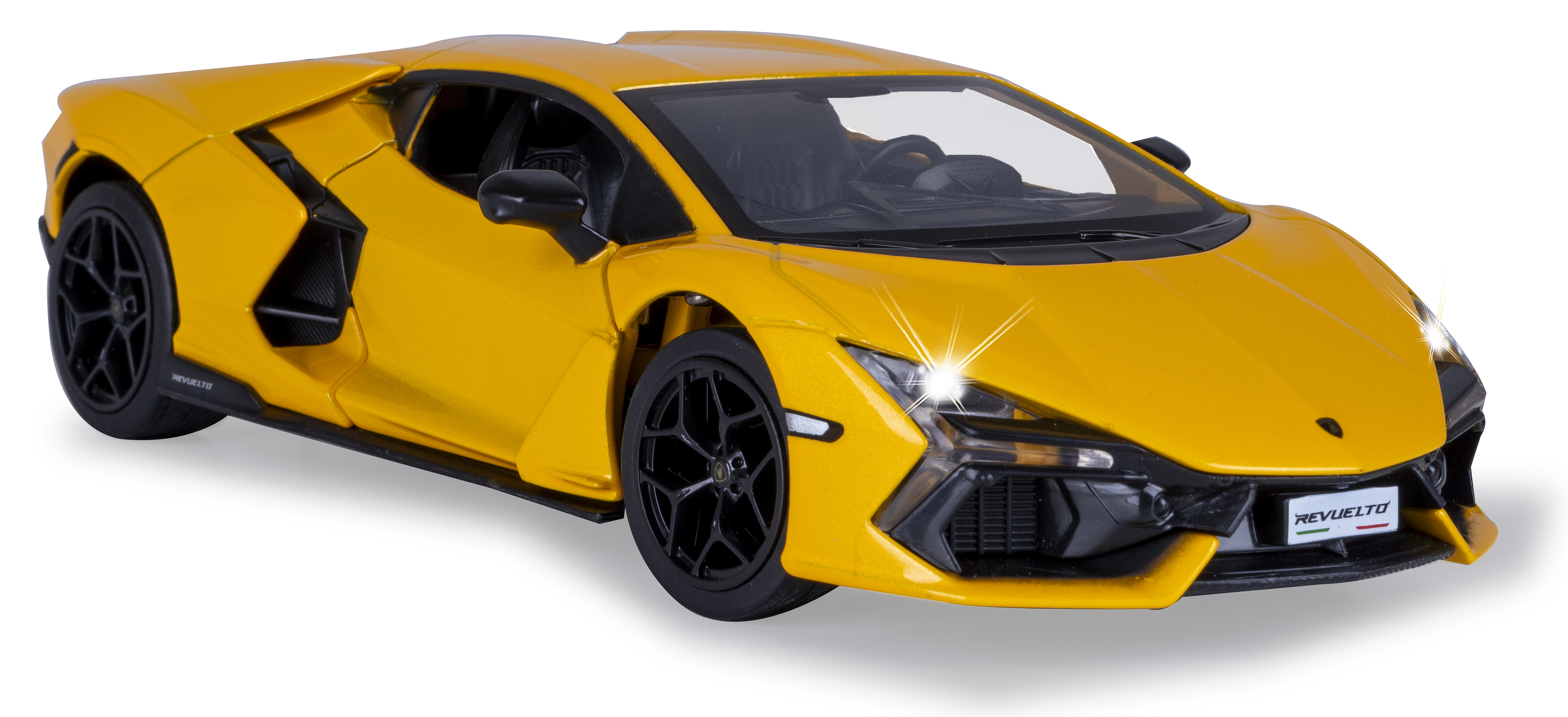Ein gelbes Spielzeugauto Lamborghini Revuelto auf weißem Hintergrund. Das Auto hat schwarze Räder und Akzente, die Scheinwerfer sind an.